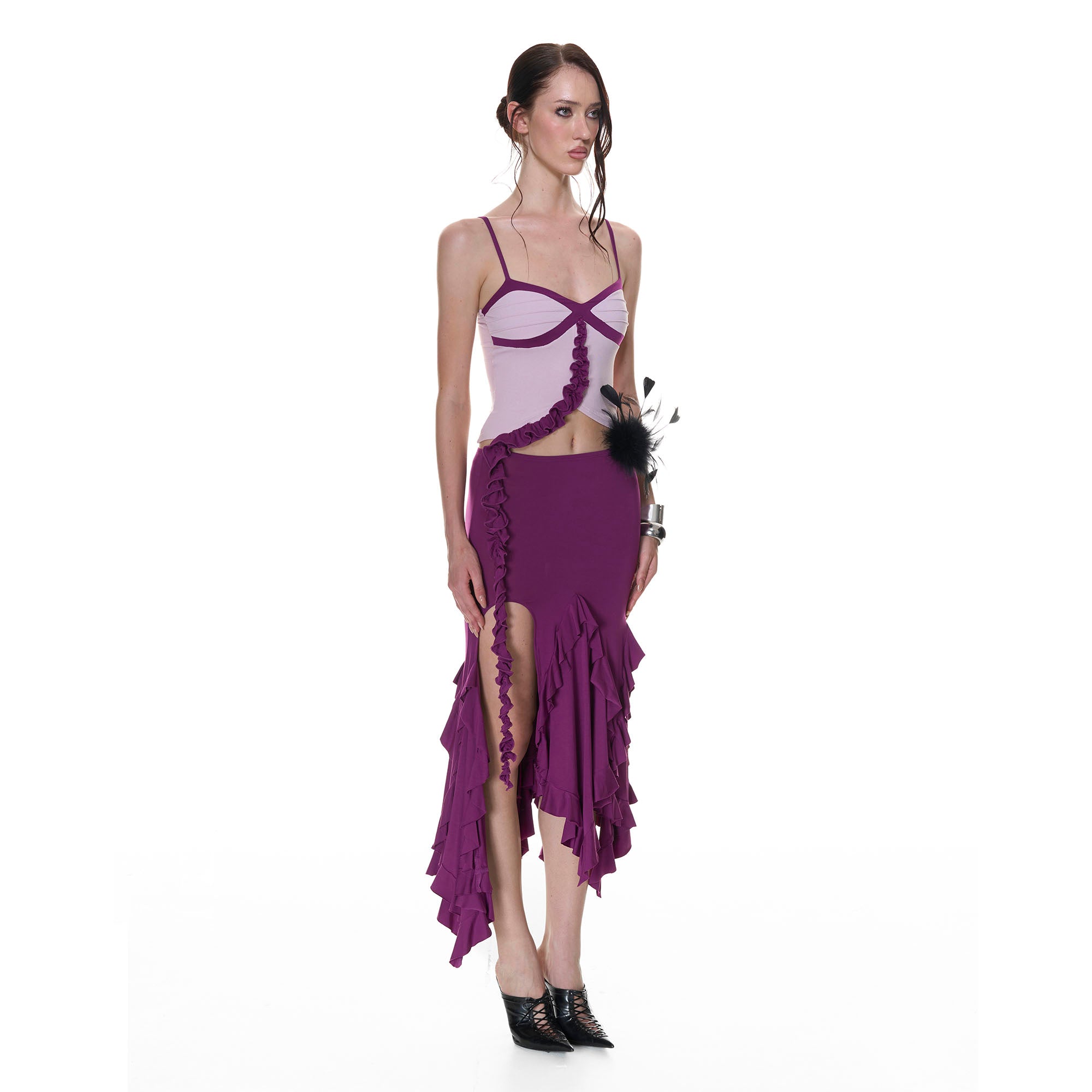 NEVER OFFEND L ANGEL Floral Ruffle Contrast Tank Top & Fishtail Skirt Set