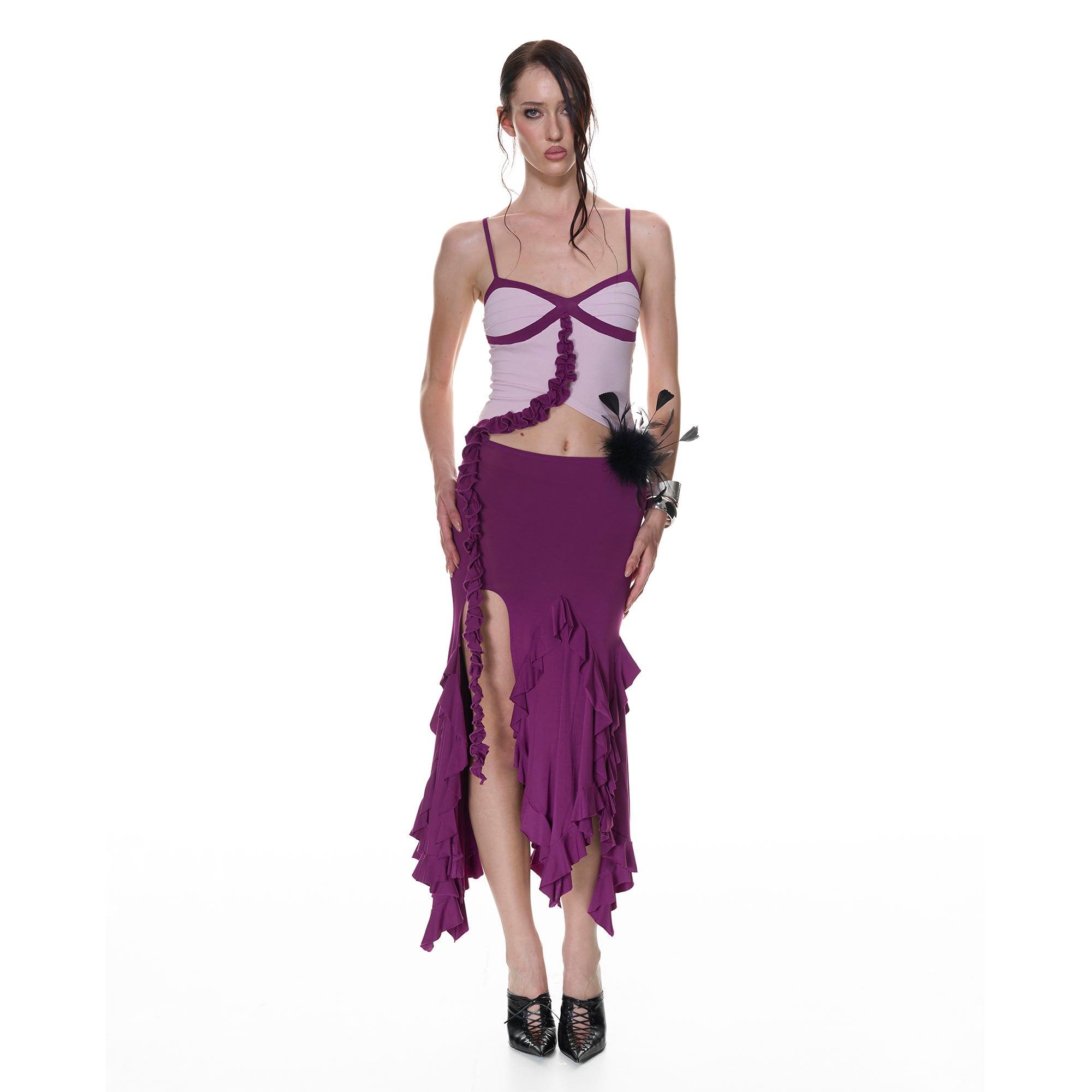 NEVER OFFEND L ANGEL Floral Ruffle Contrast Tank Top & Fishtail Skirt Set