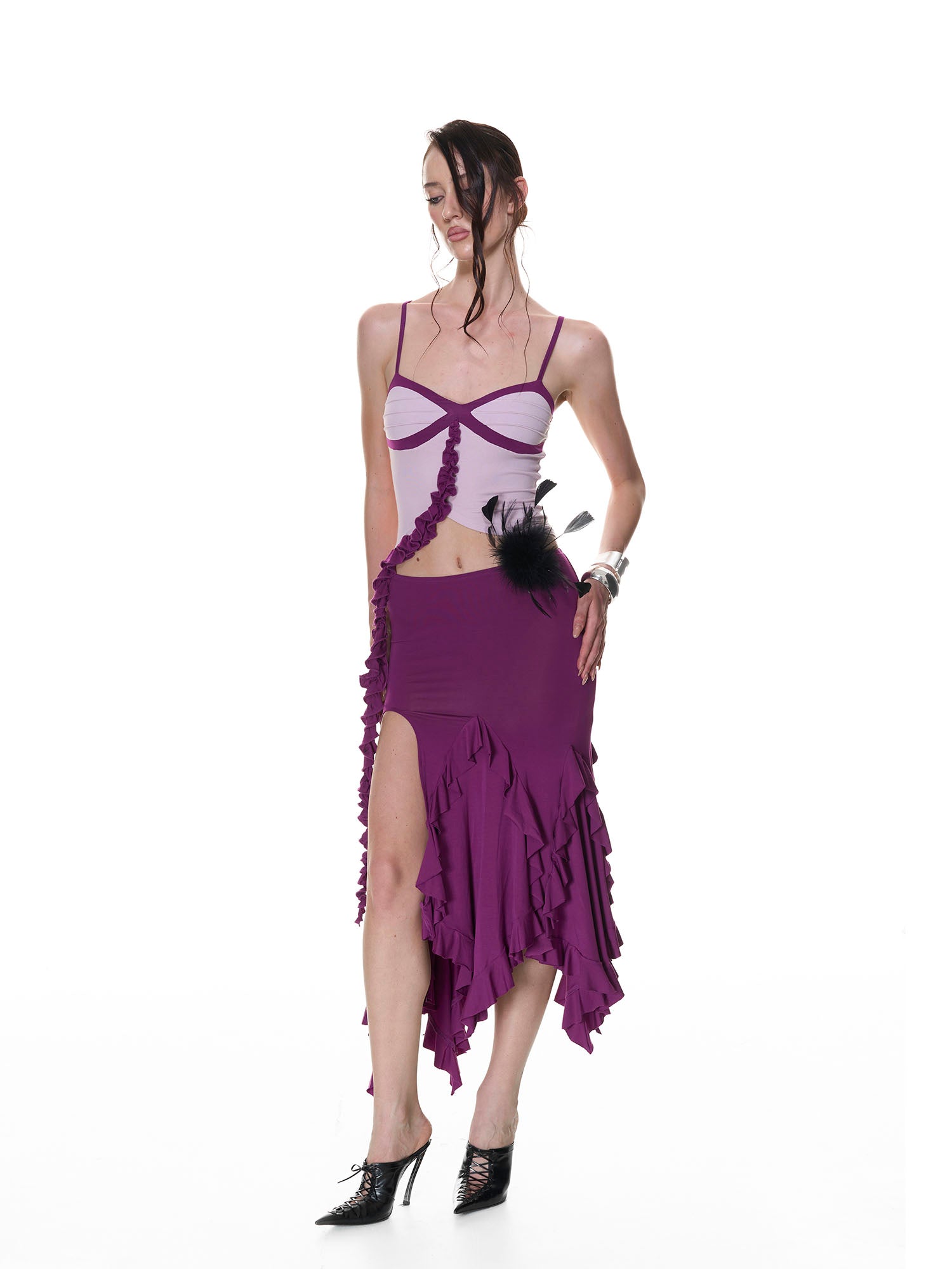 NEVER OFFEND L ANGEL Floral Ruffle Contrast Tank Top & Fishtail Skirt Set