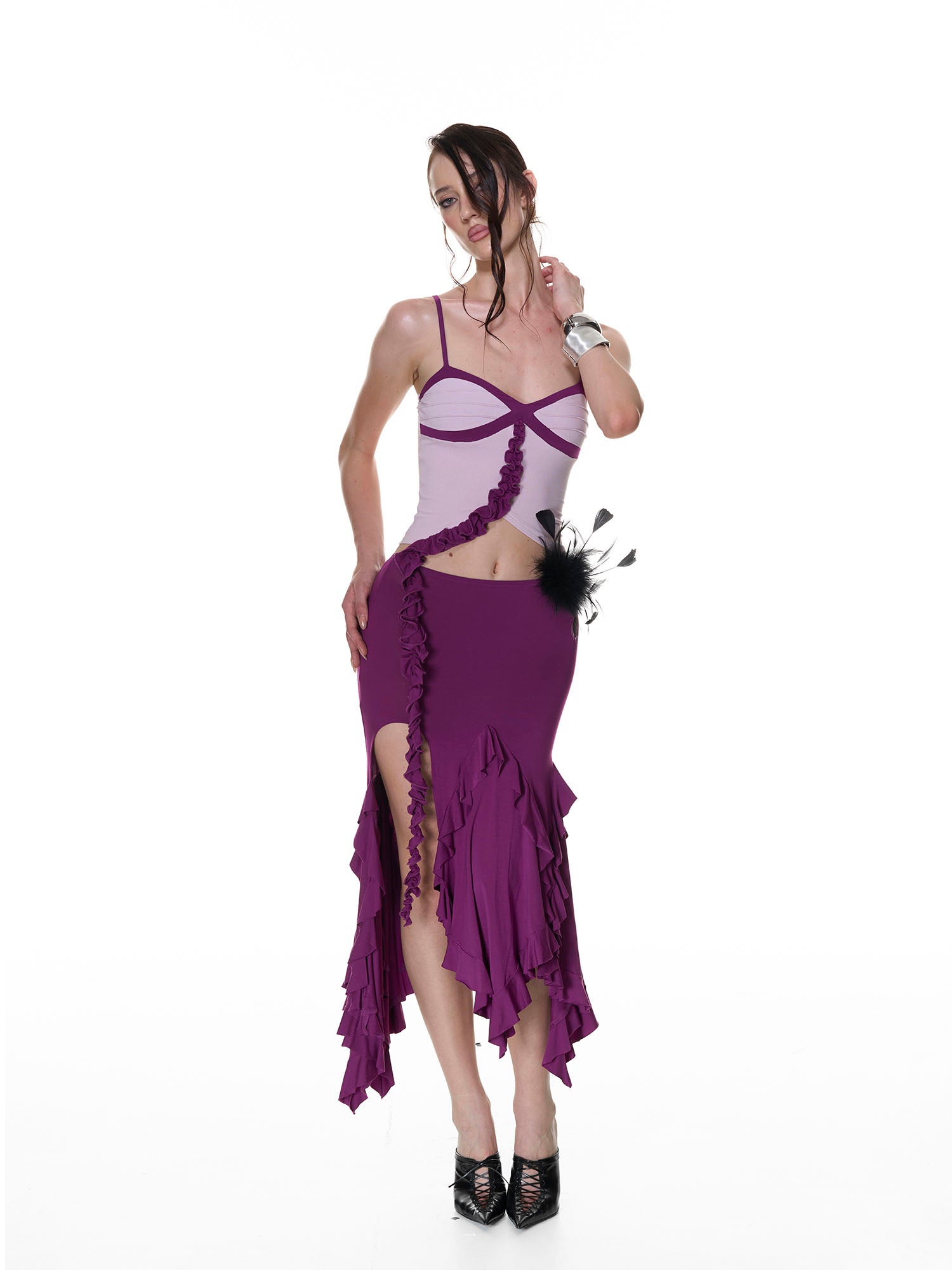 NEVER OFFEND L ANGEL Floral Ruffle Contrast Tank Top & Fishtail Skirt Set