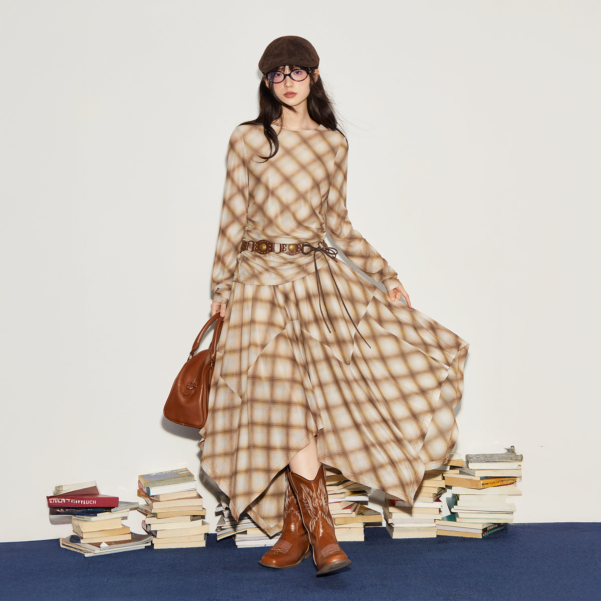 BOBBYBECKY Retro Plaid Cinched-Waist Long-Sleeve Top & Asymmetric Flared Skirt Set