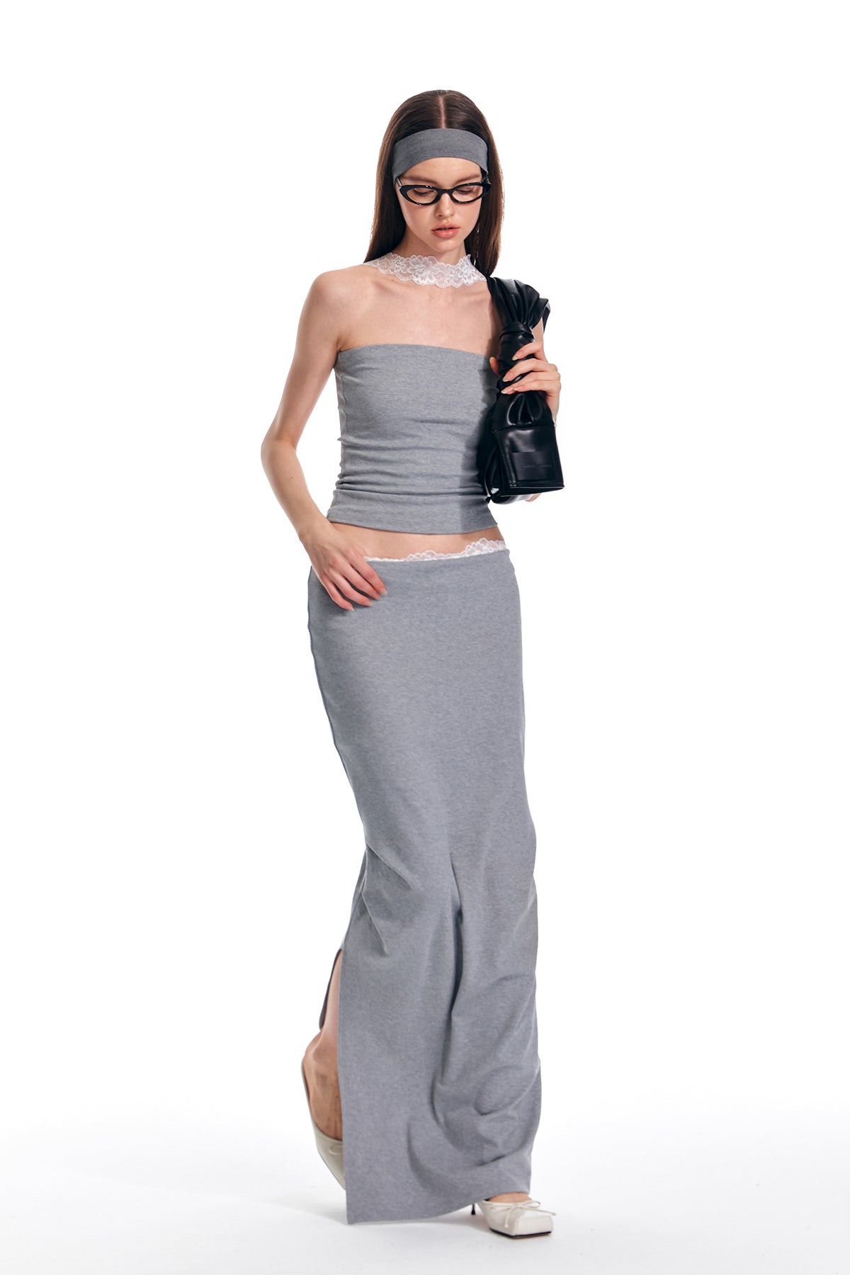ALINNV STUDIO Lace-Waist Knitted Maxi Skirt
