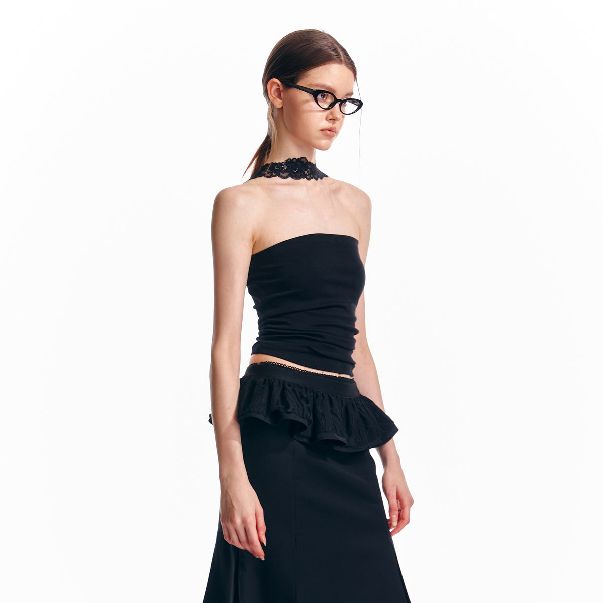 ALINNV STUDIO Lace Halter-Neck Ribbed Fitted Tank Top