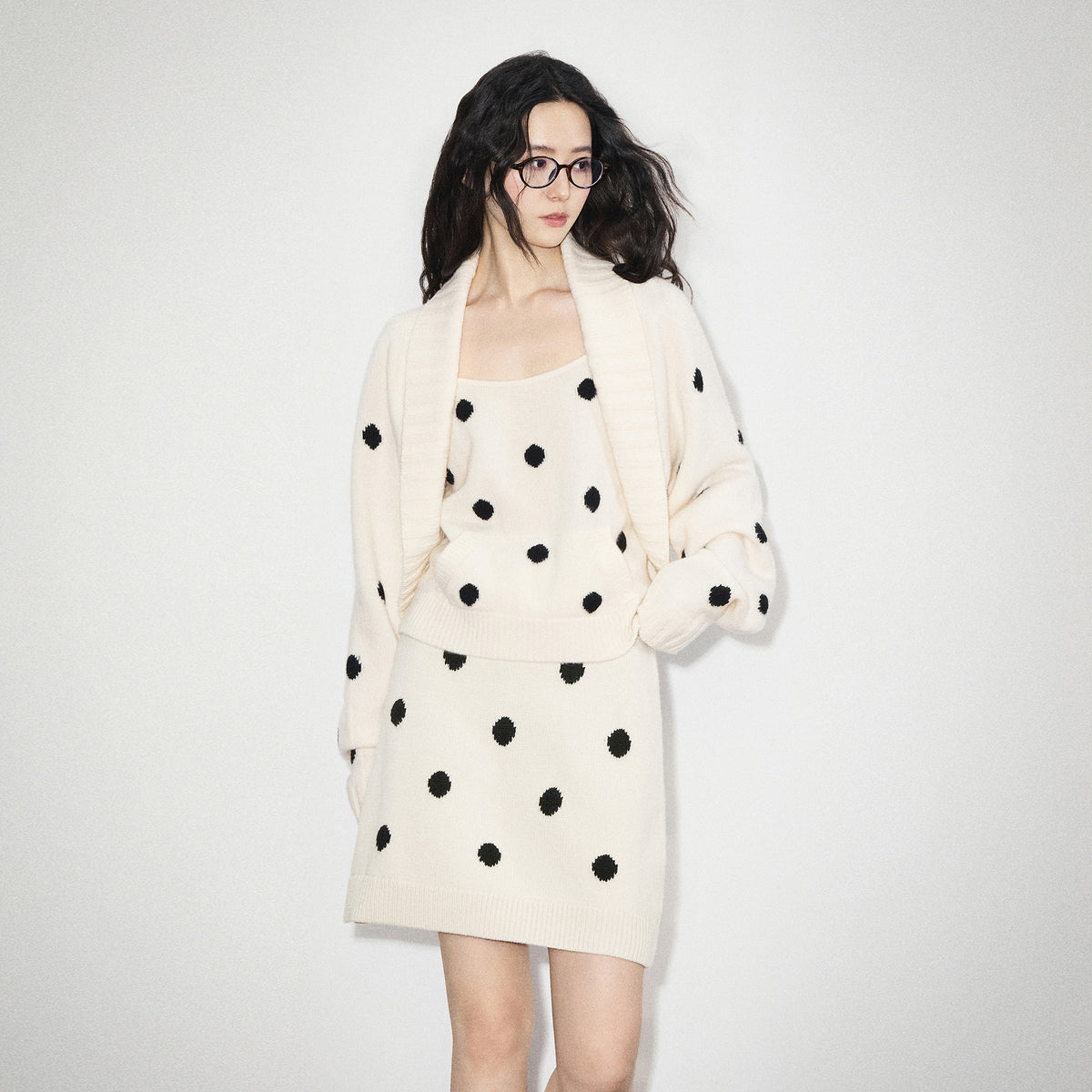 BOBBYBECKY Polka-Dot Wool Cardigan & Tank Top & Skirt Set