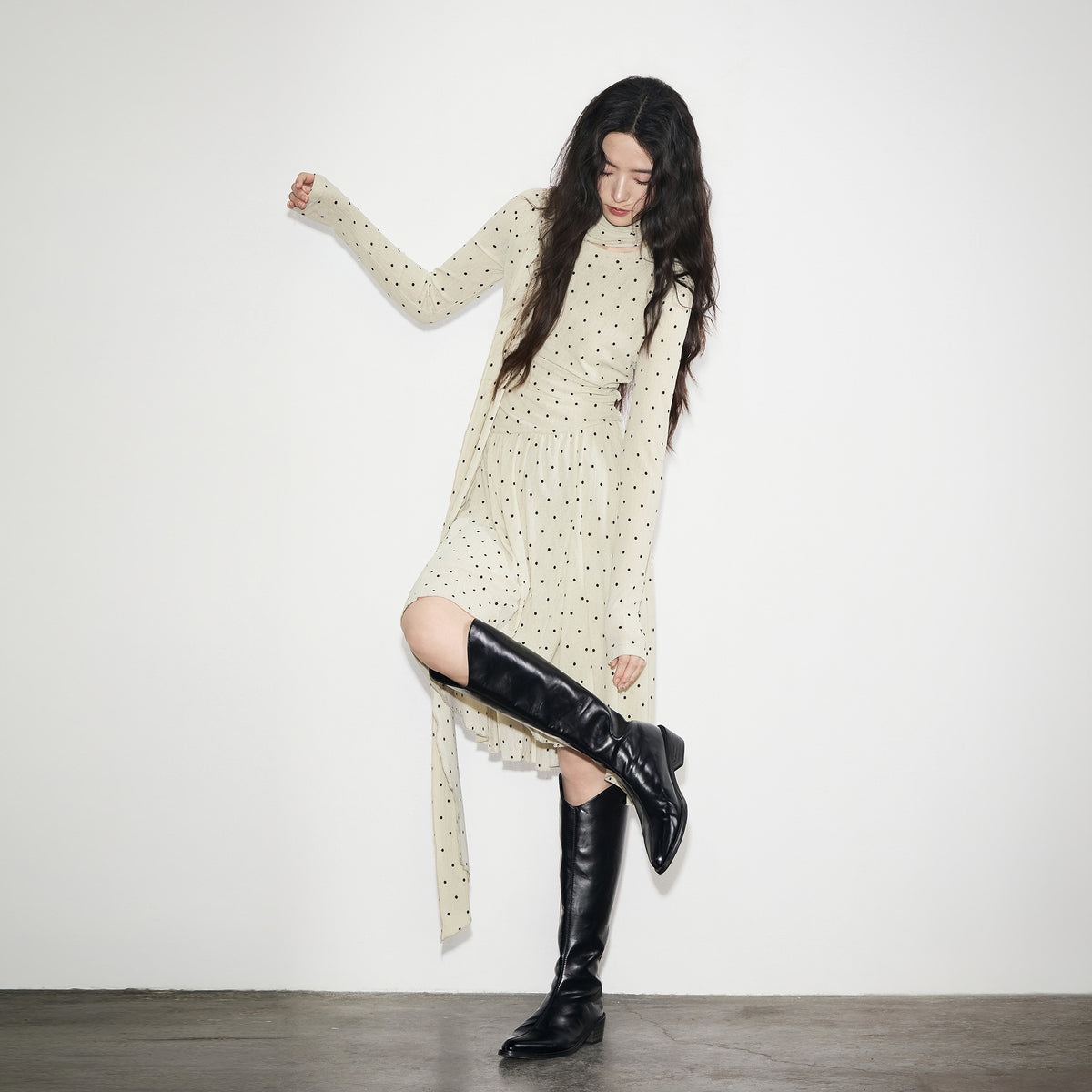 BOBBYBECKY Retro Asymmetric Polka Dot Cinched Waist Dress