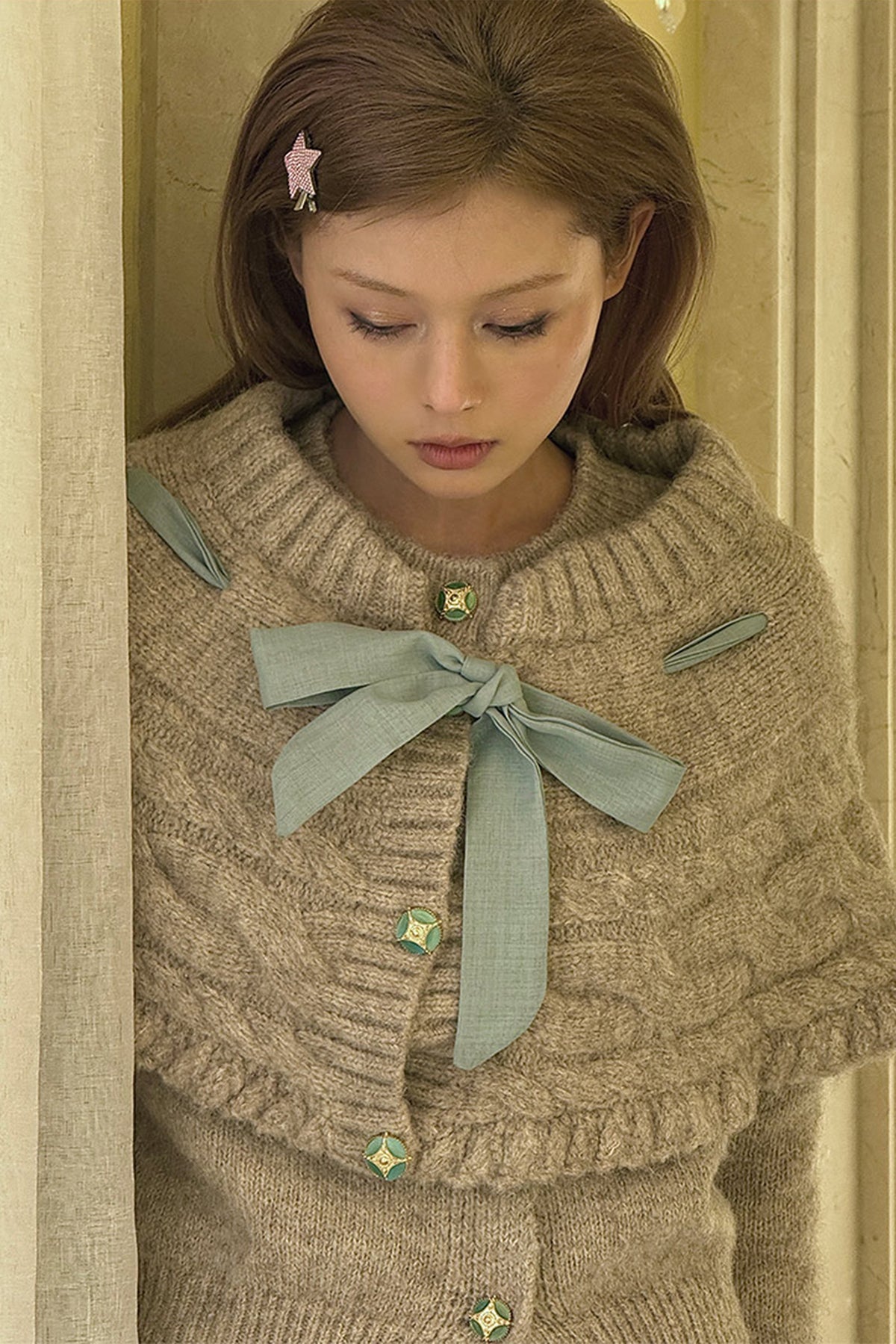 ANNIE ARMOR Cable-Knit Bow-Tie Cape Two-Piece Cardigan