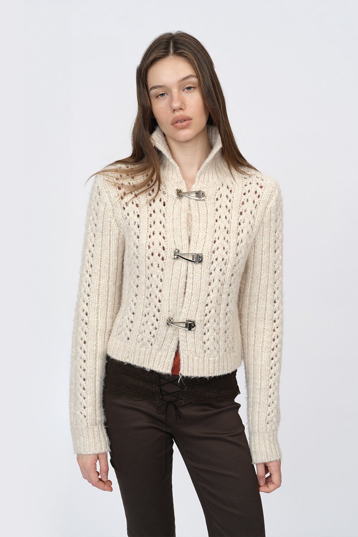 DOTYEARS Two-Tone Open-Knit Mock-Neck Cardigan — half body · Off White