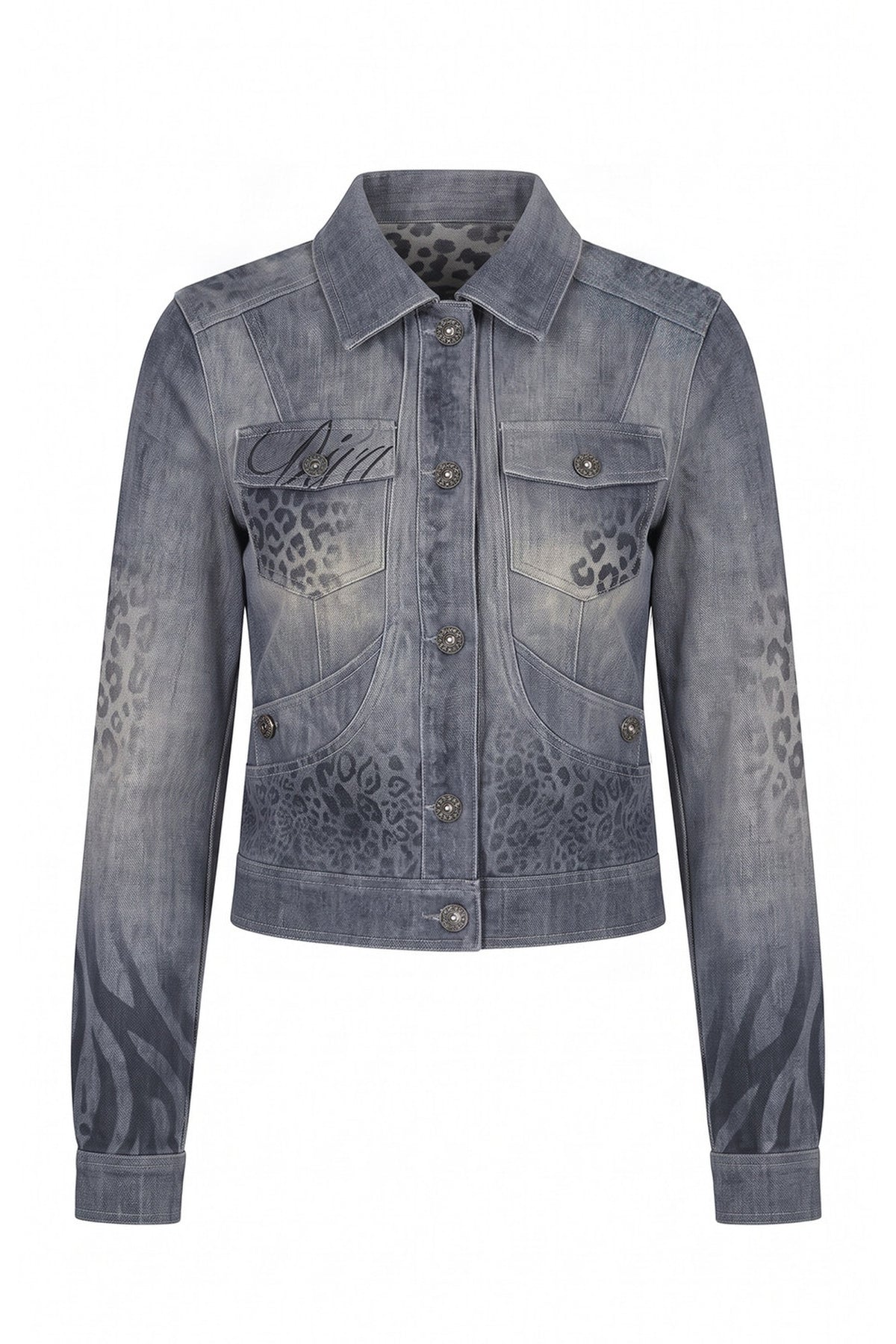 FAYCHUI Retro Washed Leopard-Print Cotton Denim Jacket — flat lay · Retro Leopard