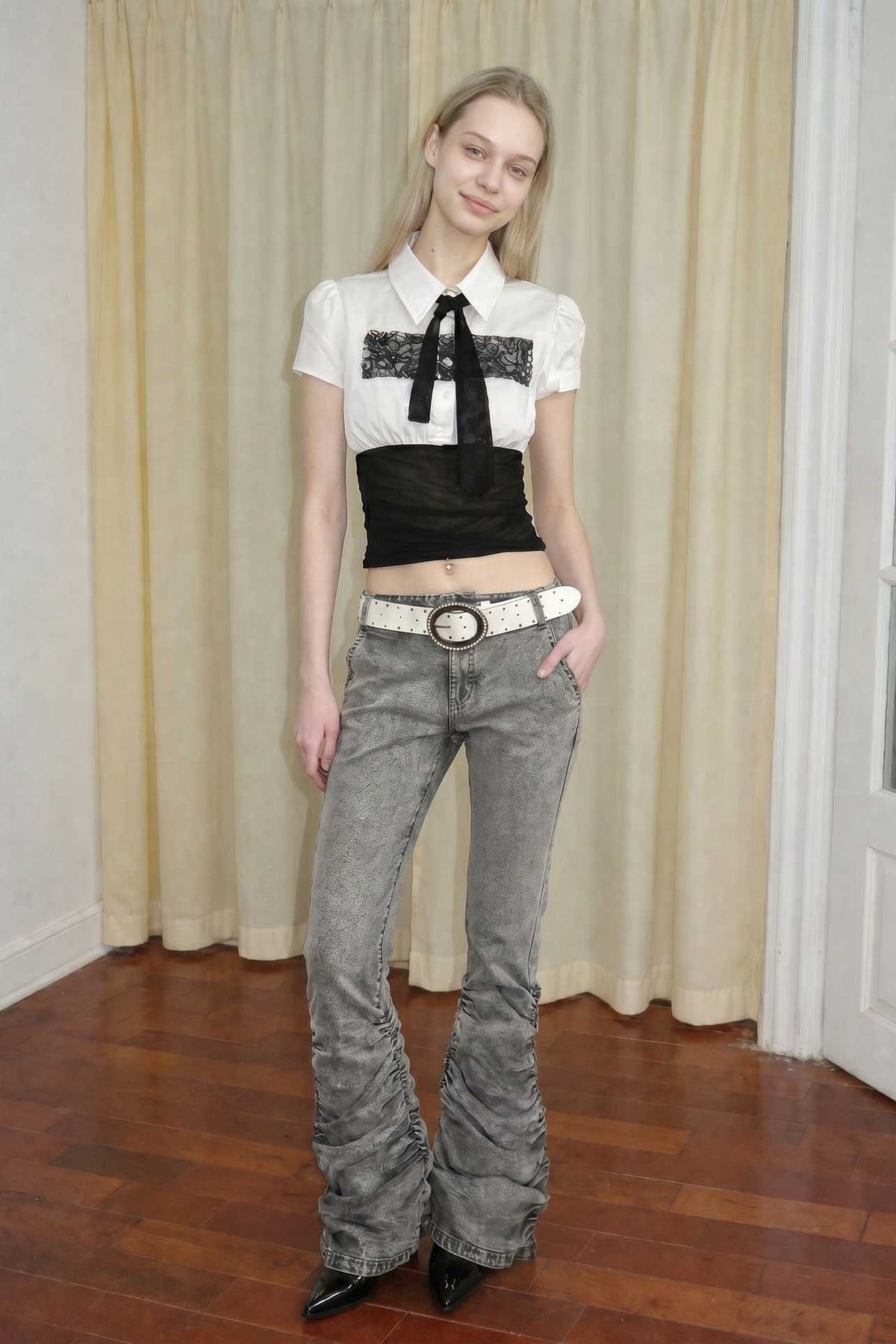 EMOHA Lace-Spliced Tie-Neck Slim Short-Sleeve Shirt — full body