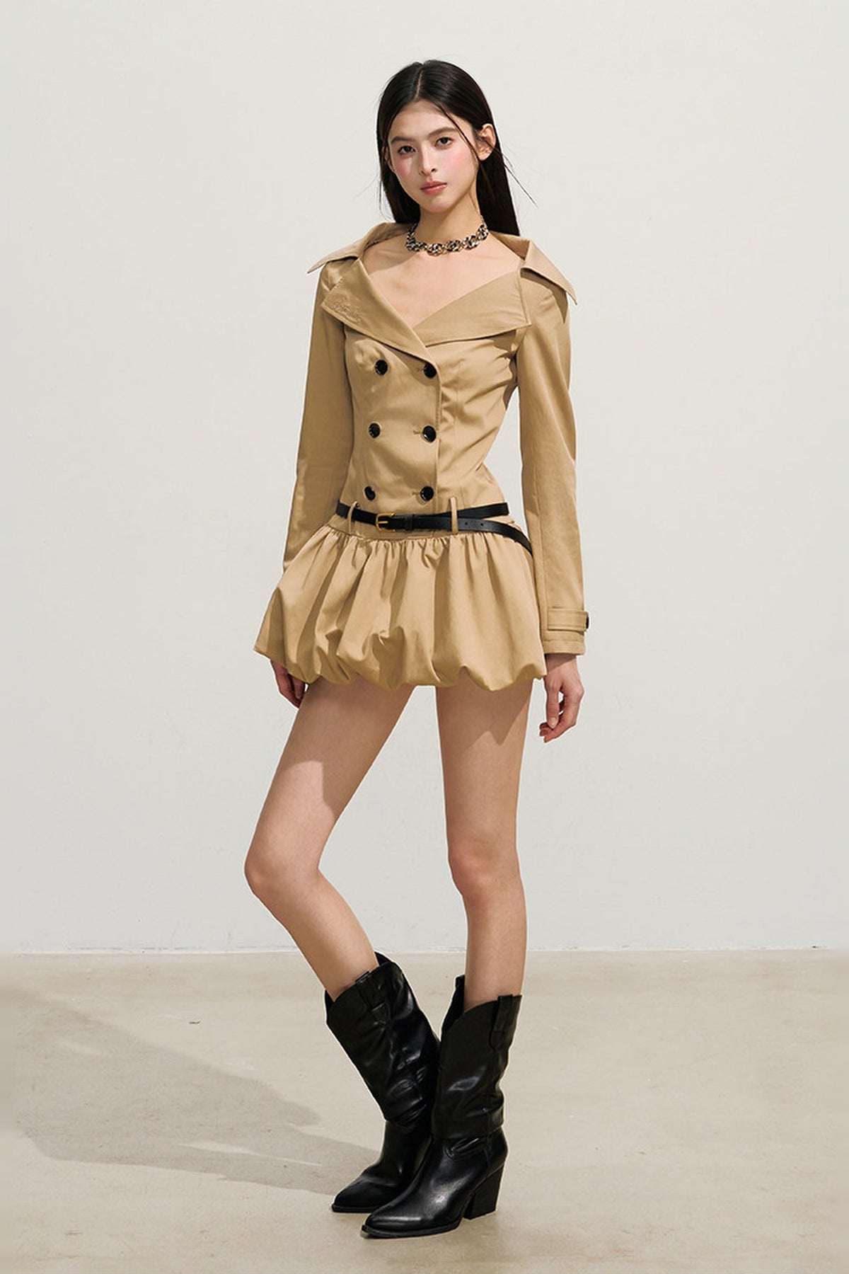 HIIMDAI Retro Double-Breasted Lapel Puff-Skirt Cinched Waist Dress — full body
