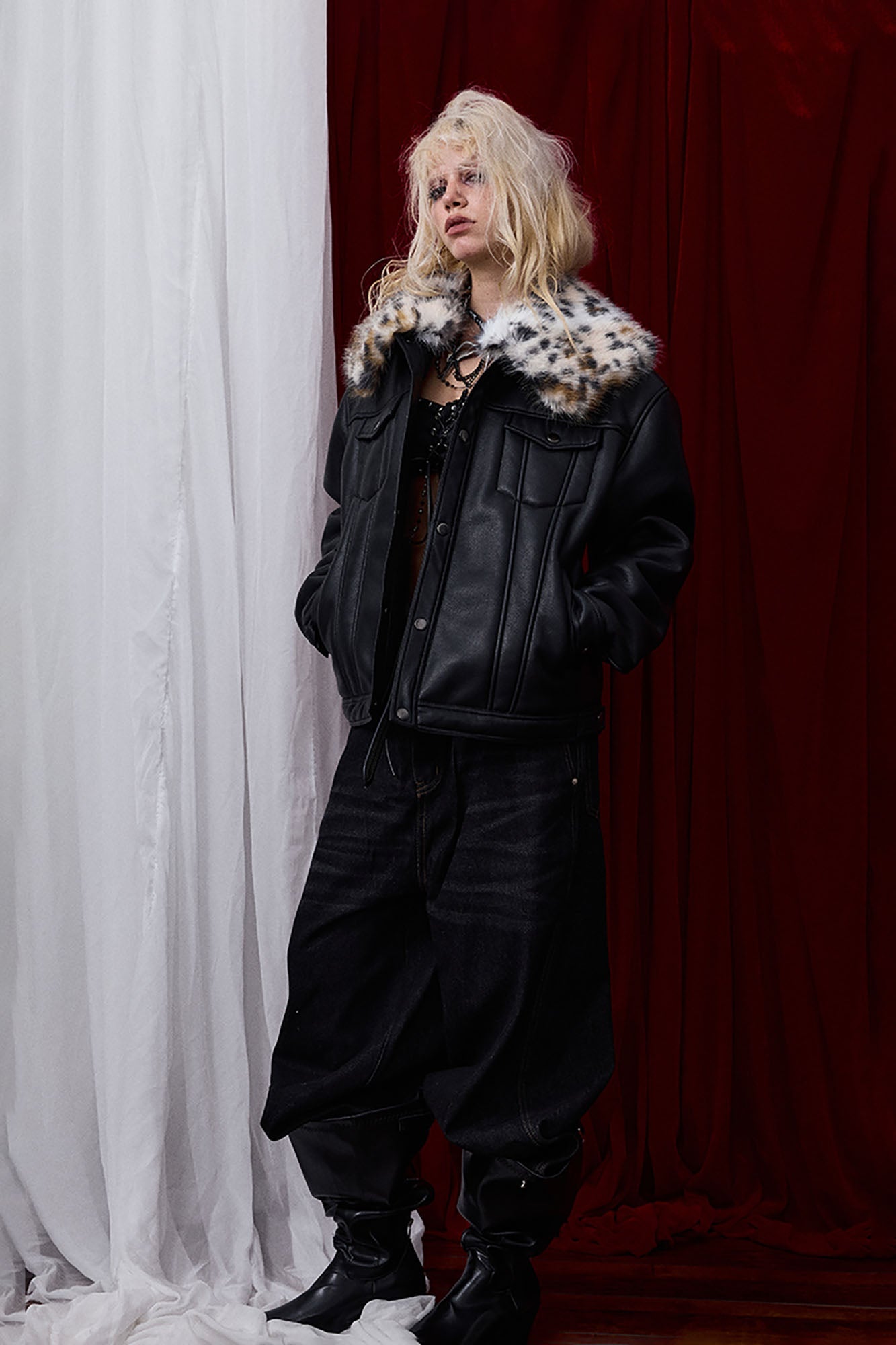 DONSMOKE × NANA Detachable Leopard Collar PU Jacket