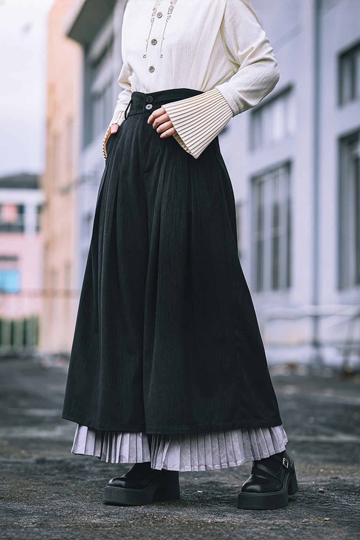 GUGUAI Pleated Wide-Leg Skirt Pants — half body · B84801 Thickened Wide-Leg Trousers
