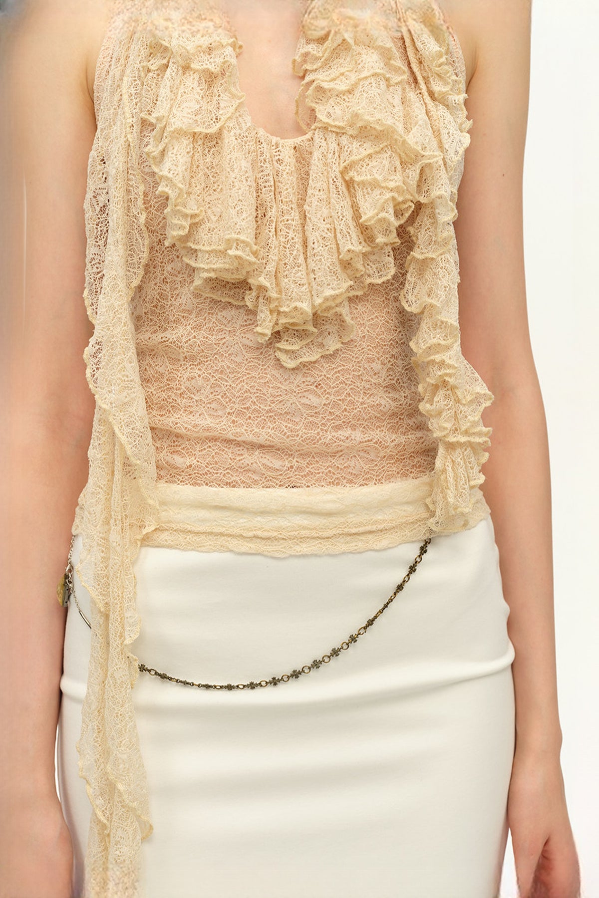 DOTYEARS Two-Tone Lace Spliced Halter Top — half body · Beige