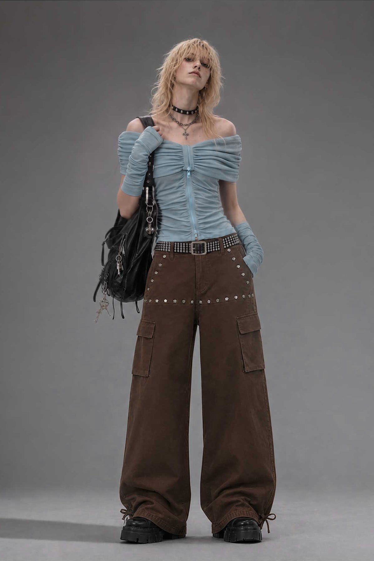 EMOHA Off-Shoulder Pleated Cinched-Waist Long-Sleeve Tee — full body