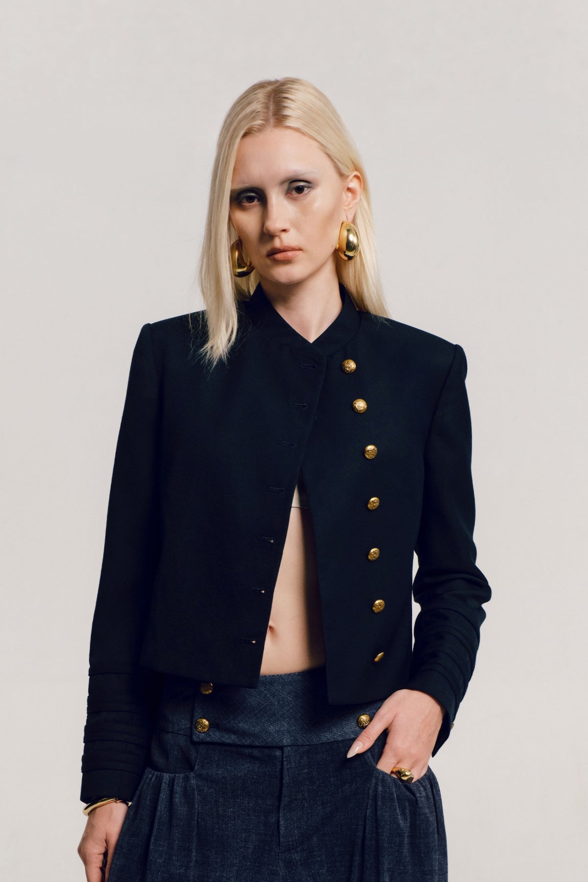AWOKENTIME Padded-Shoulder Stand-Collar Wool-Blend Metal-Button Blazer — half body