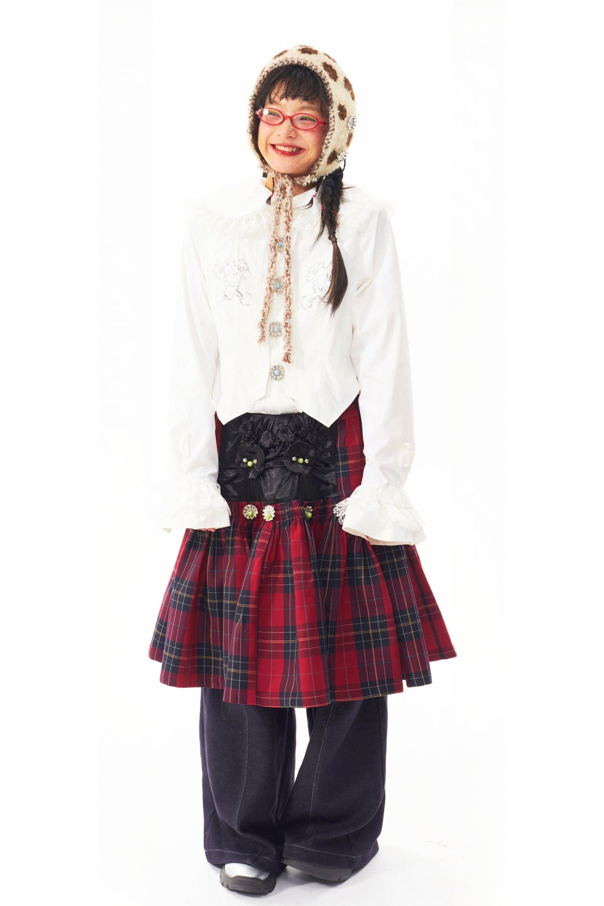 SILLYSIS Spliced Ruffle-Collar Crinkled Retro Shirt — full body
