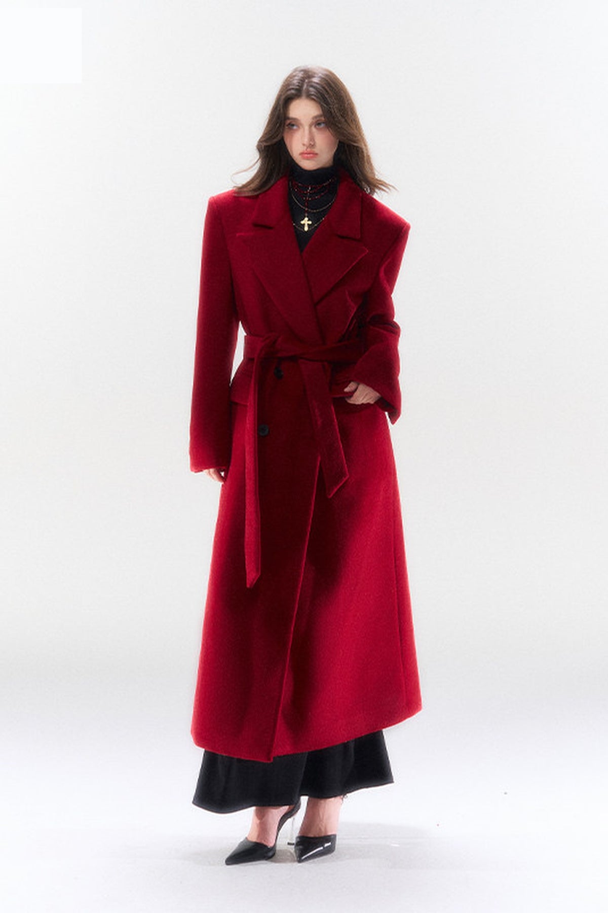 HIIMDAI Wool-Blend Cinched-Waist Lapel Long Coat — full body · Paris Red