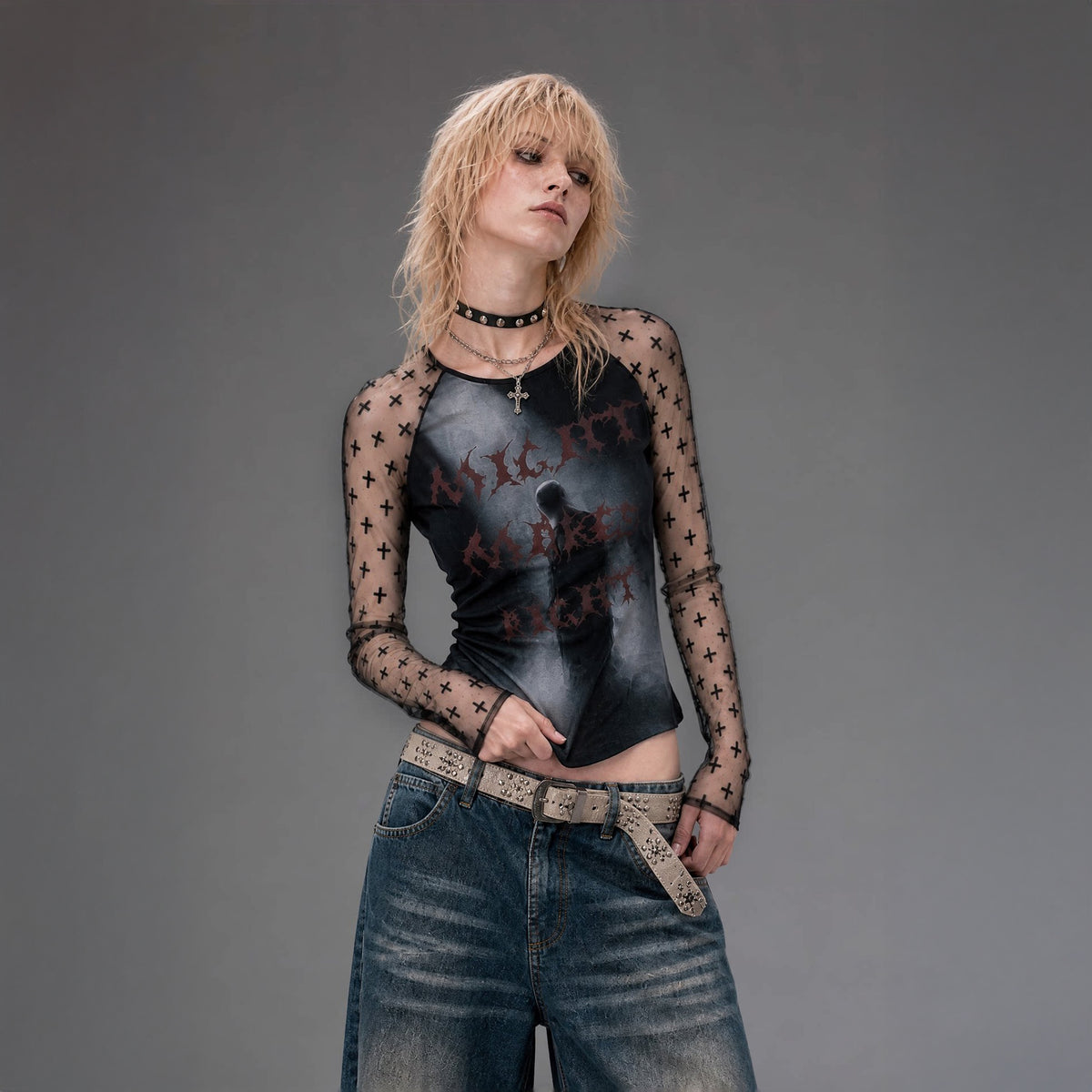 EMOHA Graphic Mesh Slim Long-Sleeve Tee