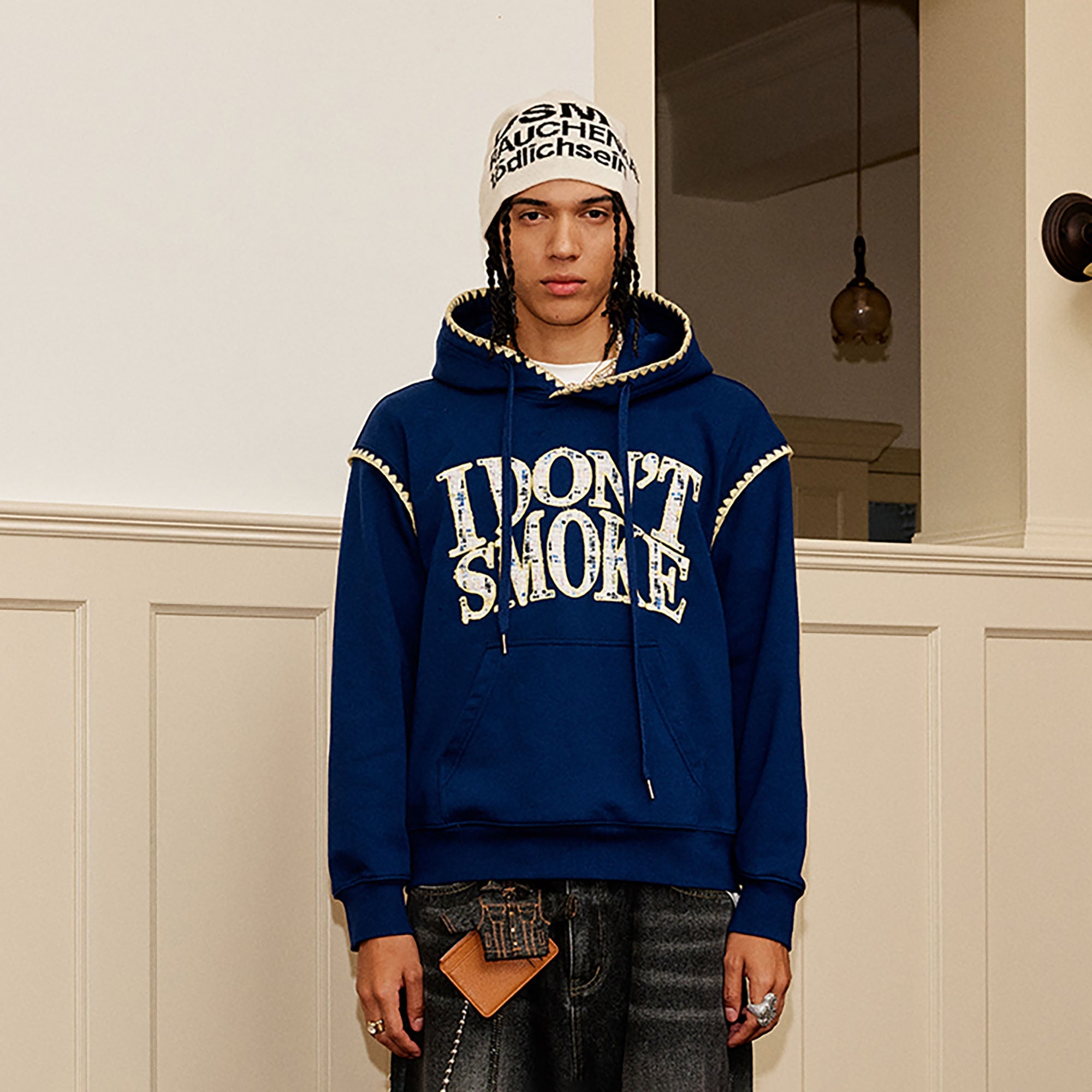 DONSMOKE Retro Embroidered Patch Whipstitch Hoodie