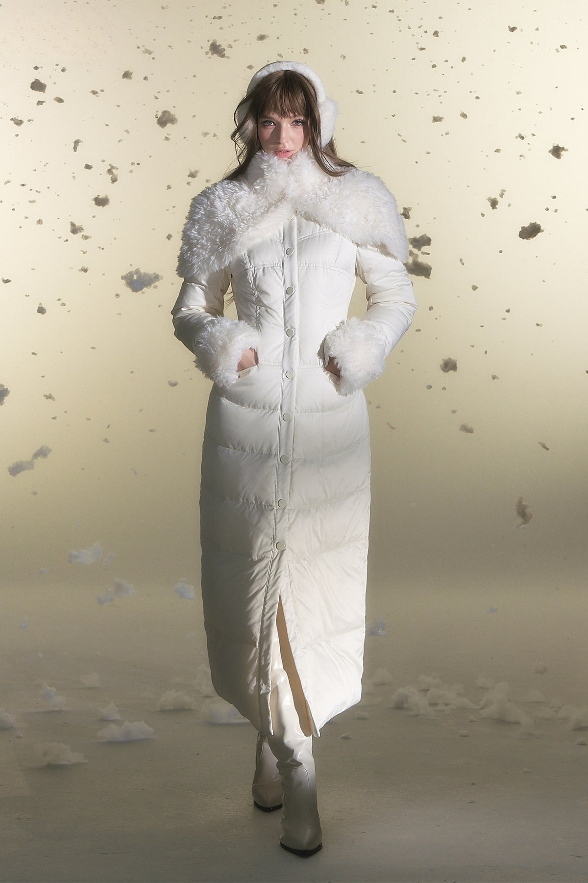 HIIMDAI Faux Fur Cape Vest Jacket — full body · Moonlight White