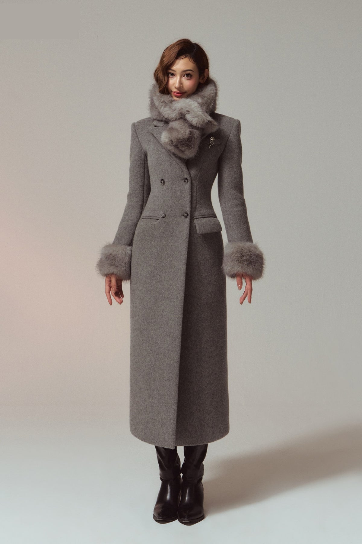 HIIMDAI 100% Wool Double-Faced Long Coat — full body · Lunar Silver Gray