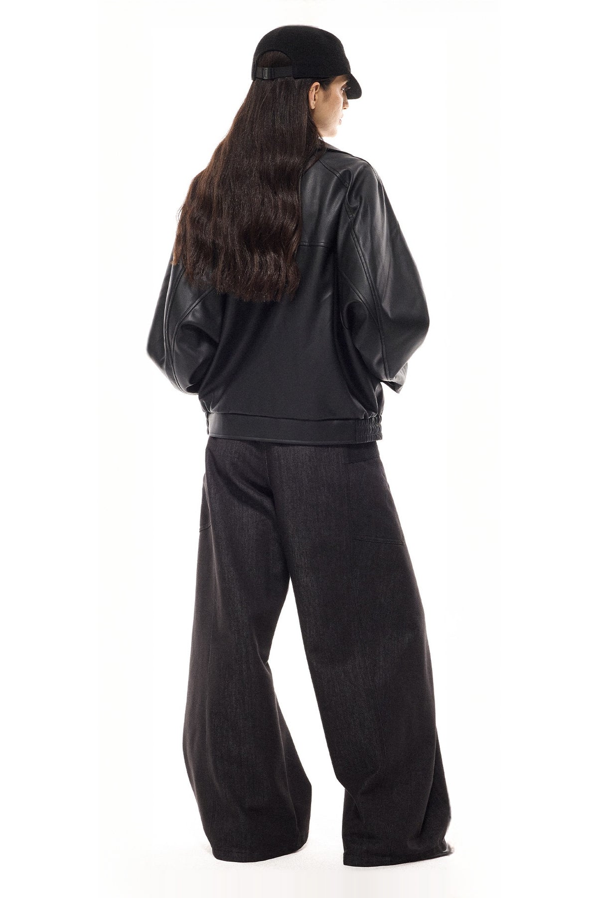 COSTUSTOOT Deconstructed Faux Two-Piece Curved Wide-Leg Black Jeans — full body