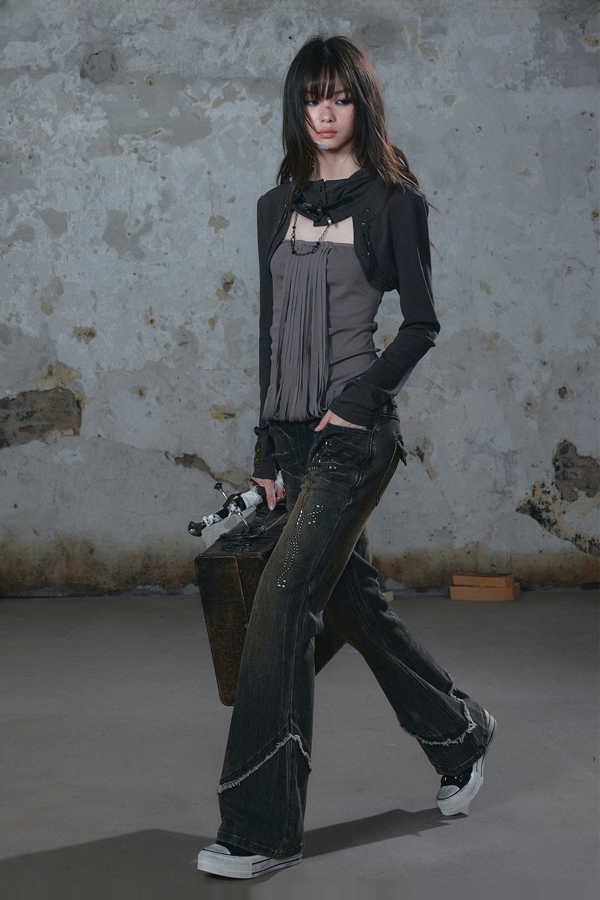 CESTNOUS Belted Frayed Studded Layered Hooded Long-Sleeve Tee — full body