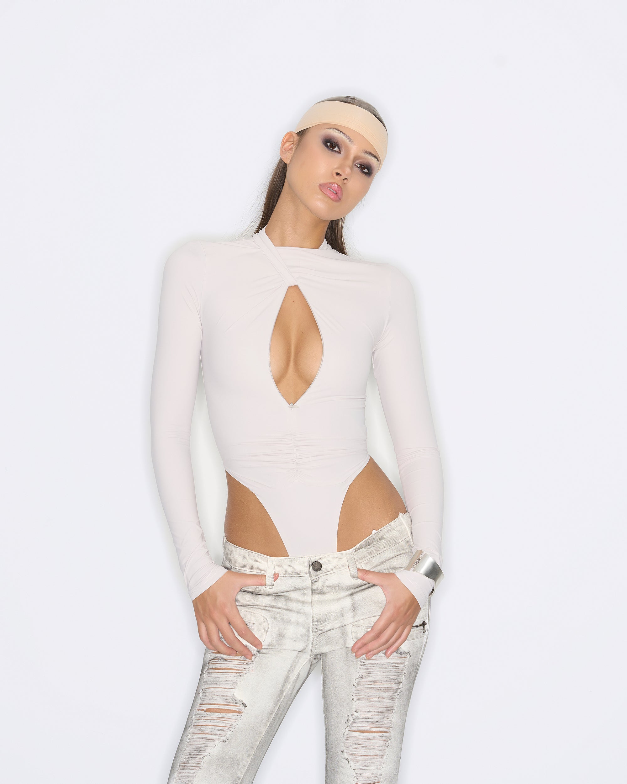 NEVER OFFEND L ANGEL Twist-Neck Zip-Front Bodysuit