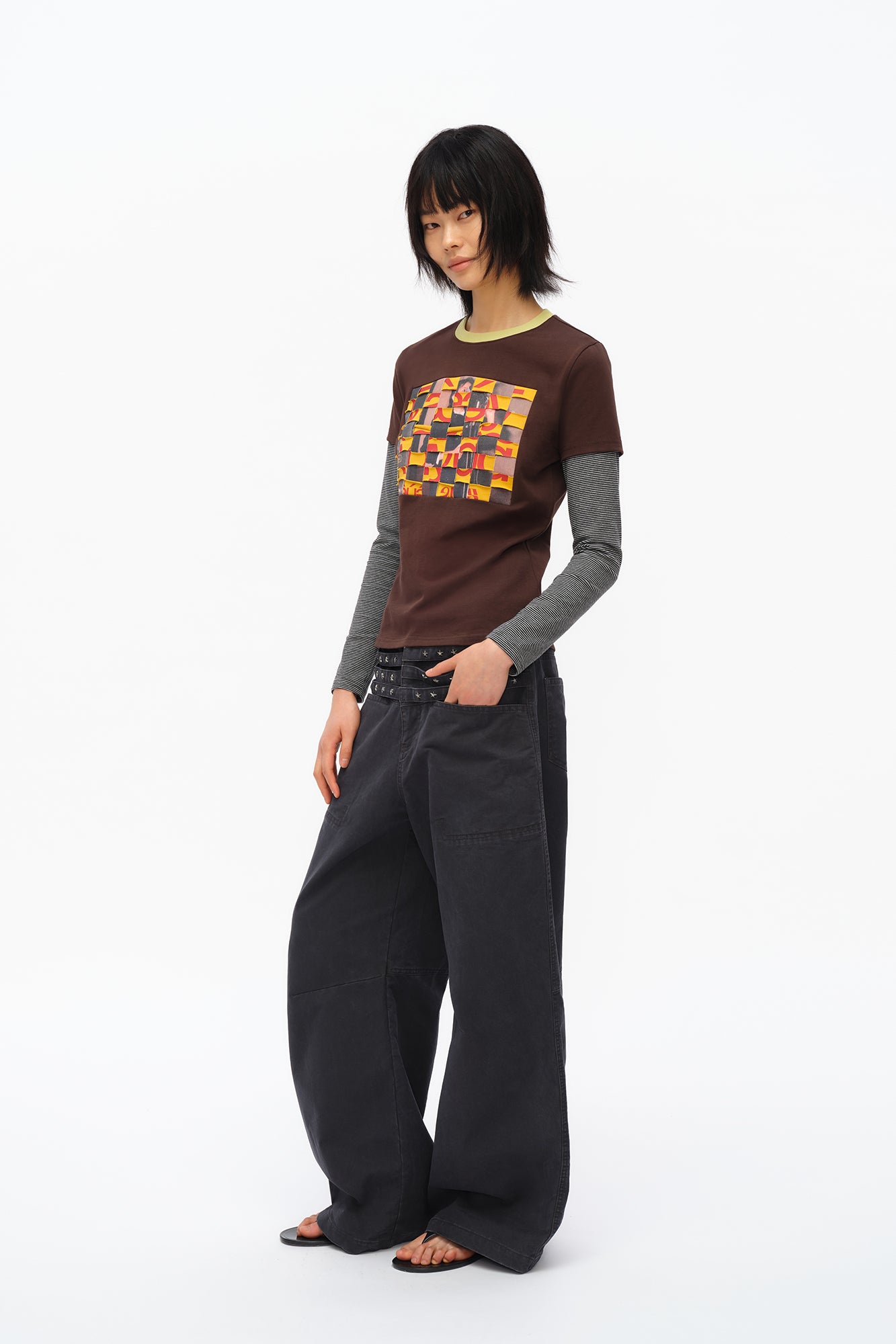 OINIMI Star-Studded Layered Waist Wide-Leg Pants