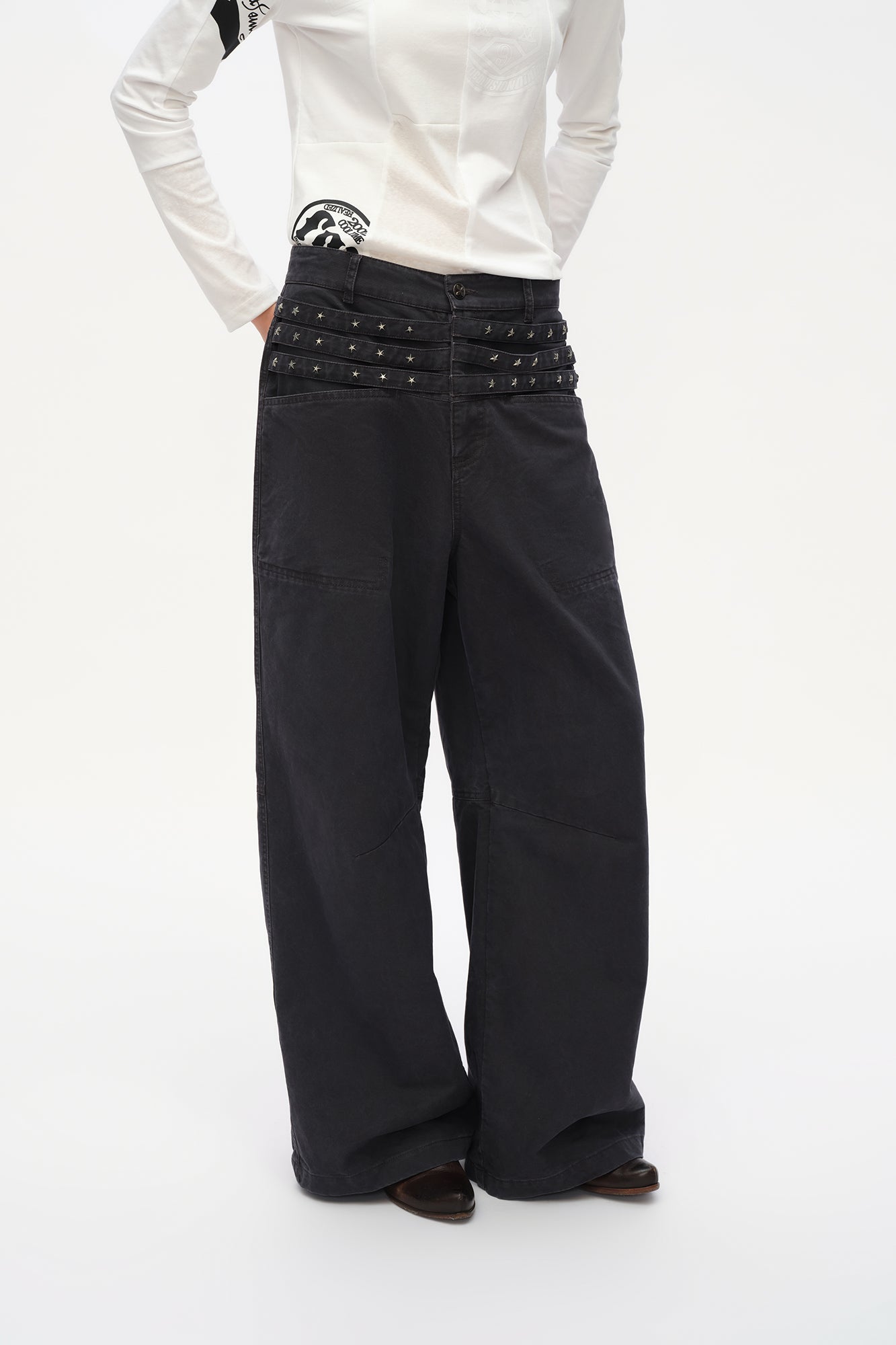 OINIMI Star-Studded Layered Waist Wide-Leg Pants
