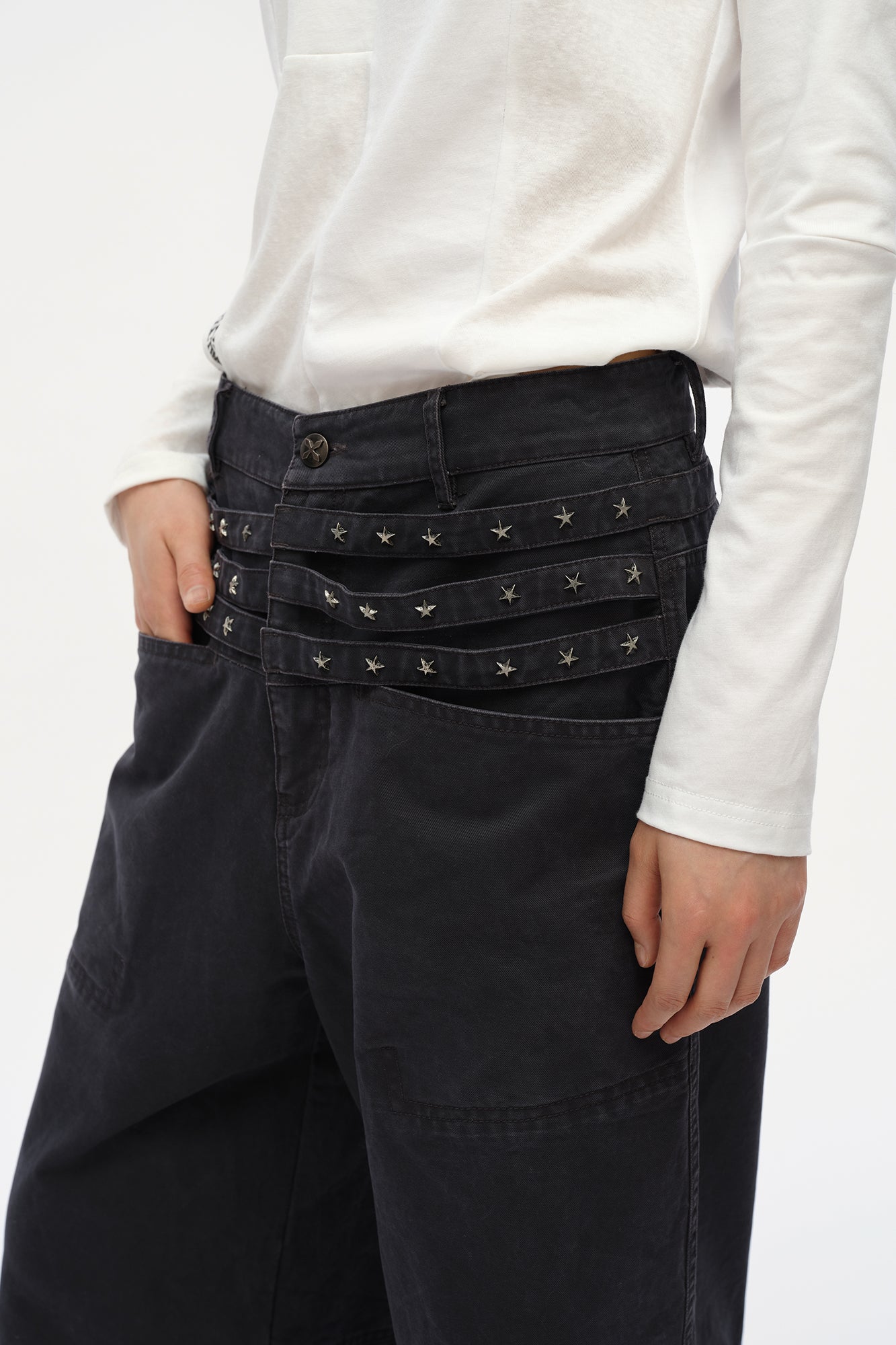 OINIMI Star-Studded Layered Waist Wide-Leg Pants