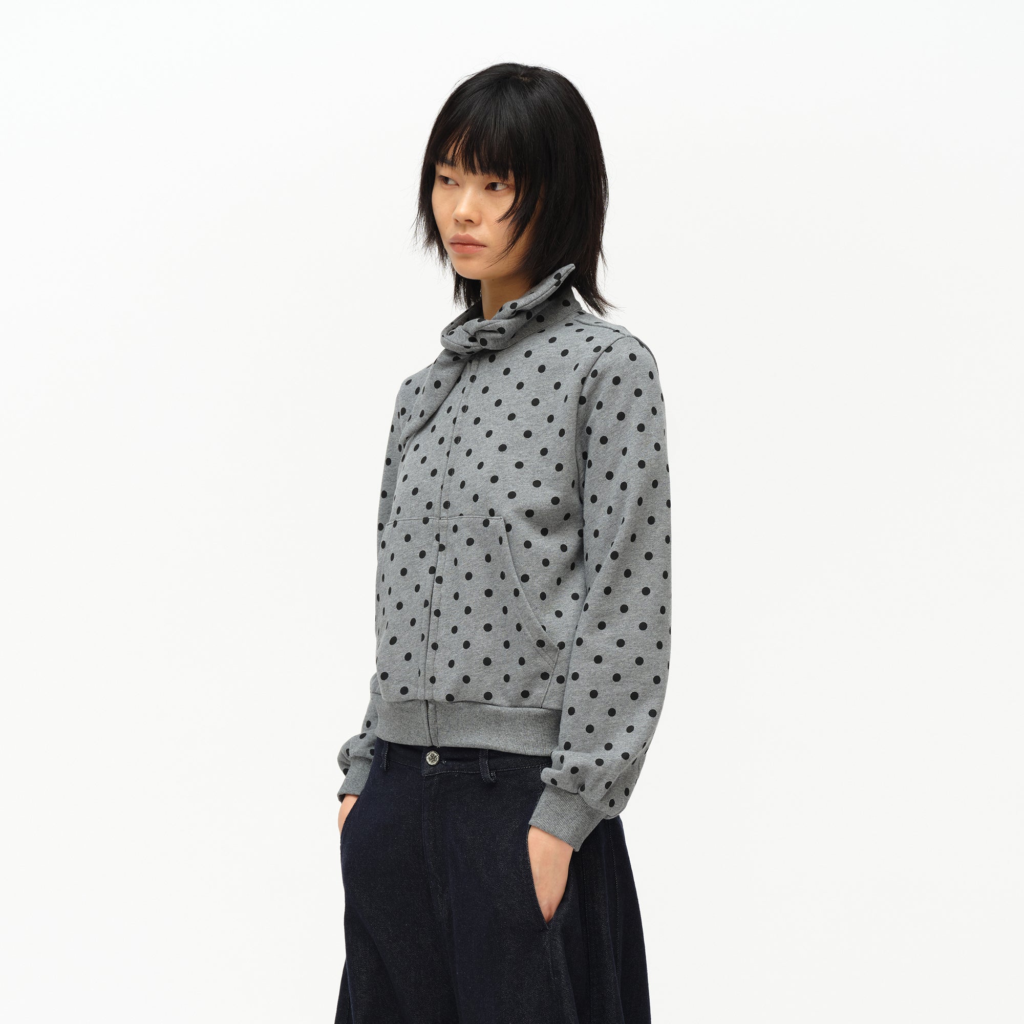 OINIMI Polka Dot Tie Neck Zip-Up Sweatshirt