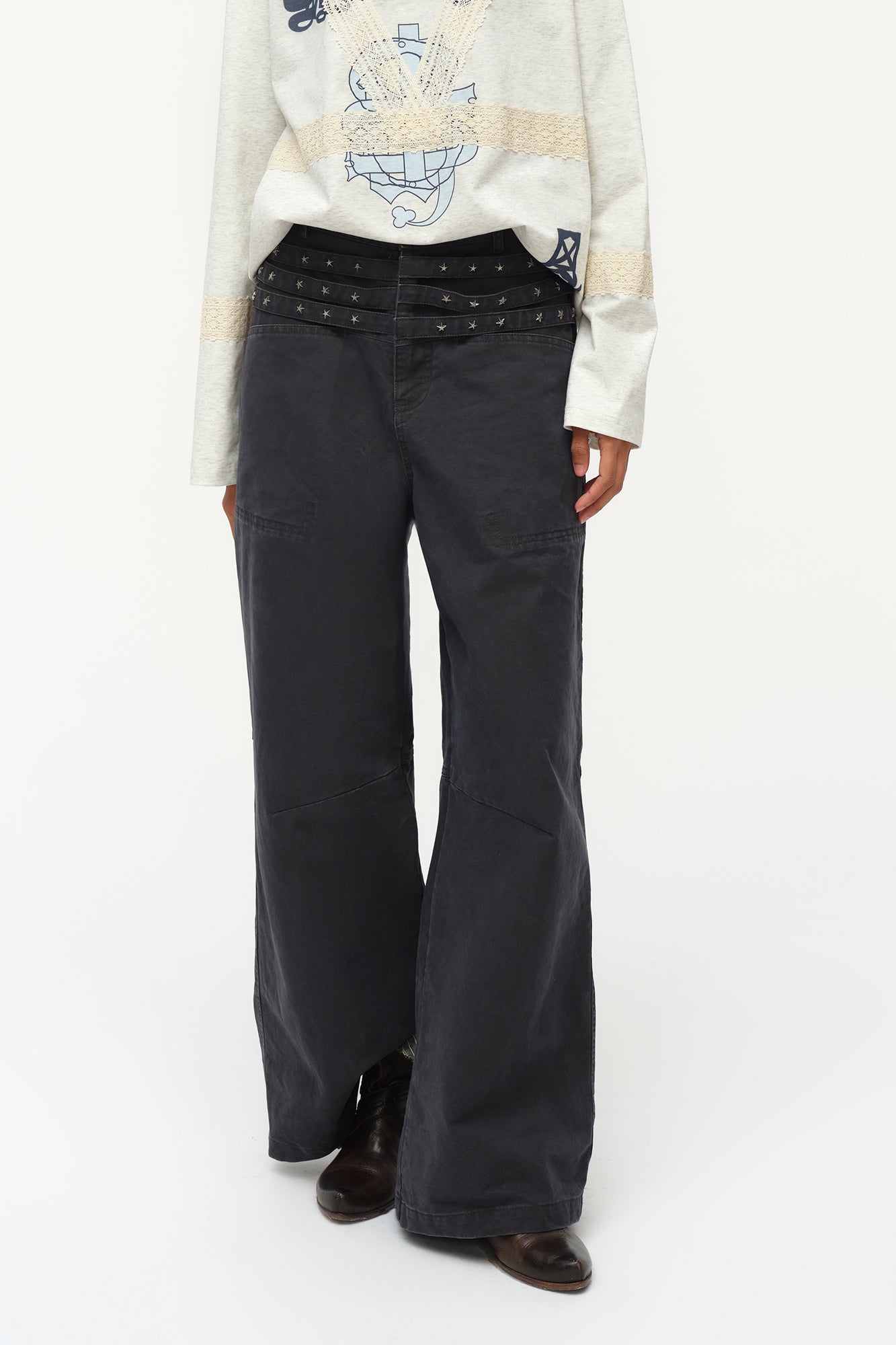 OINIMI Star-Studded Layered Waist Wide-Leg Pants