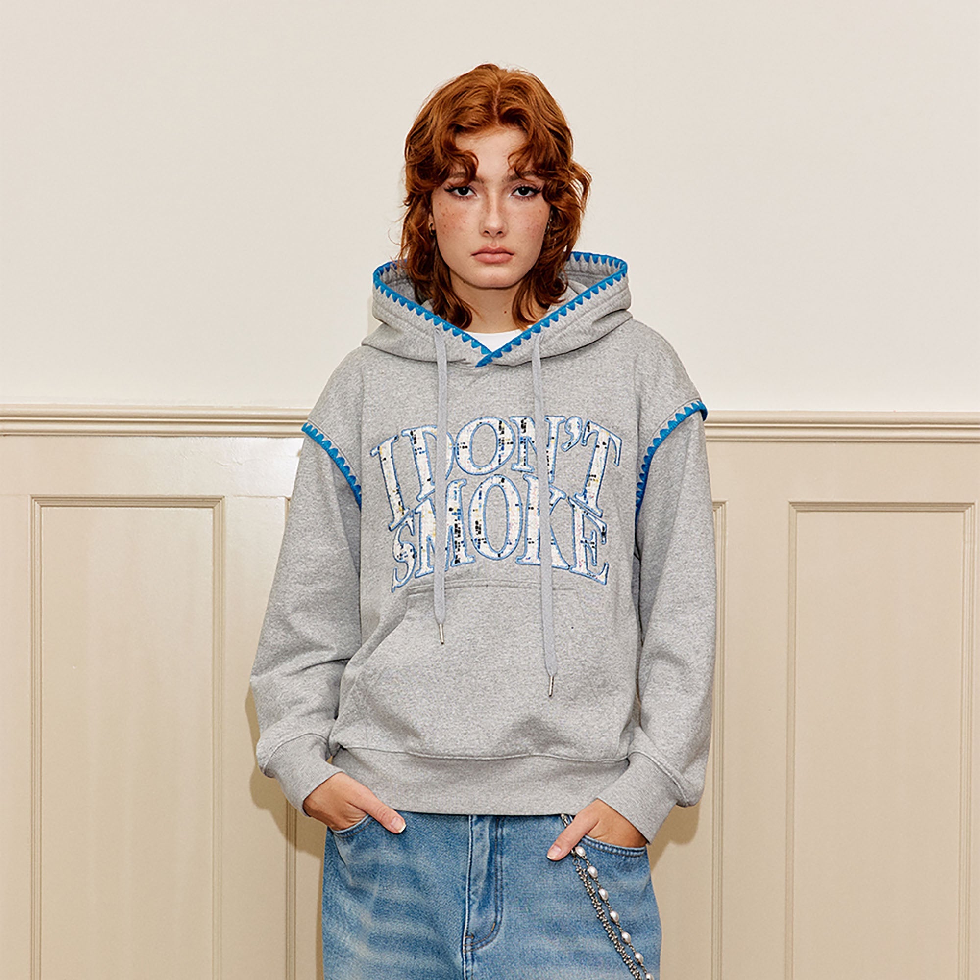 DONSMOKE Retro Embroidered Patch Whipstitch Hoodie