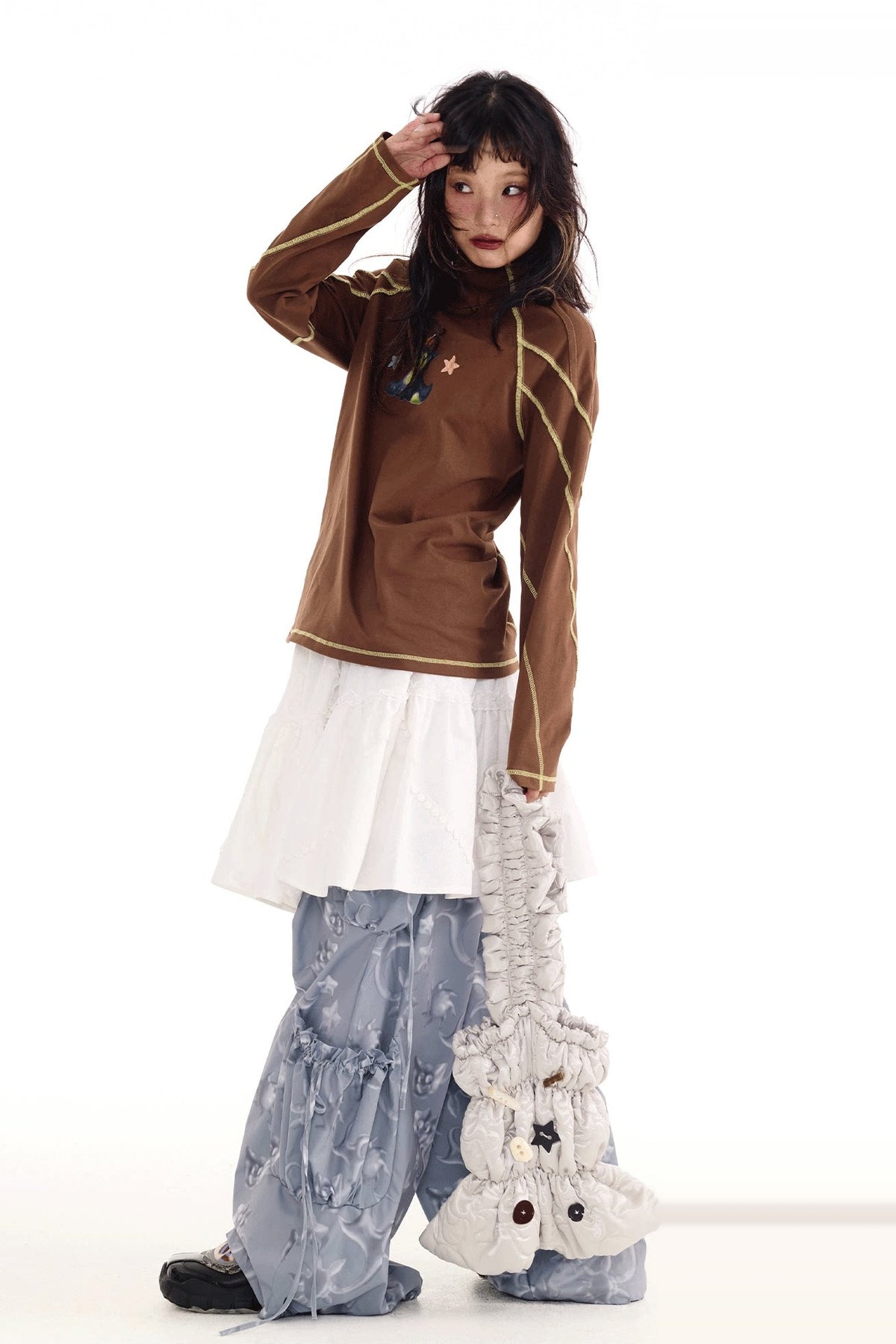 SILLYSIS Graphic Multi-Pocket Wide-Leg Cargo Pants — full body