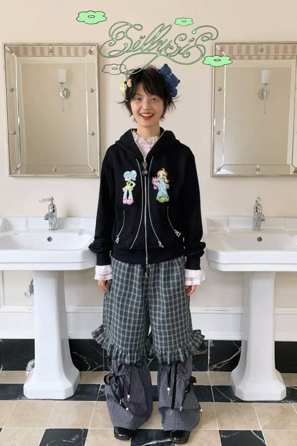 SILLYSIS Plaid Drawstring Wide-Leg Pants — full body