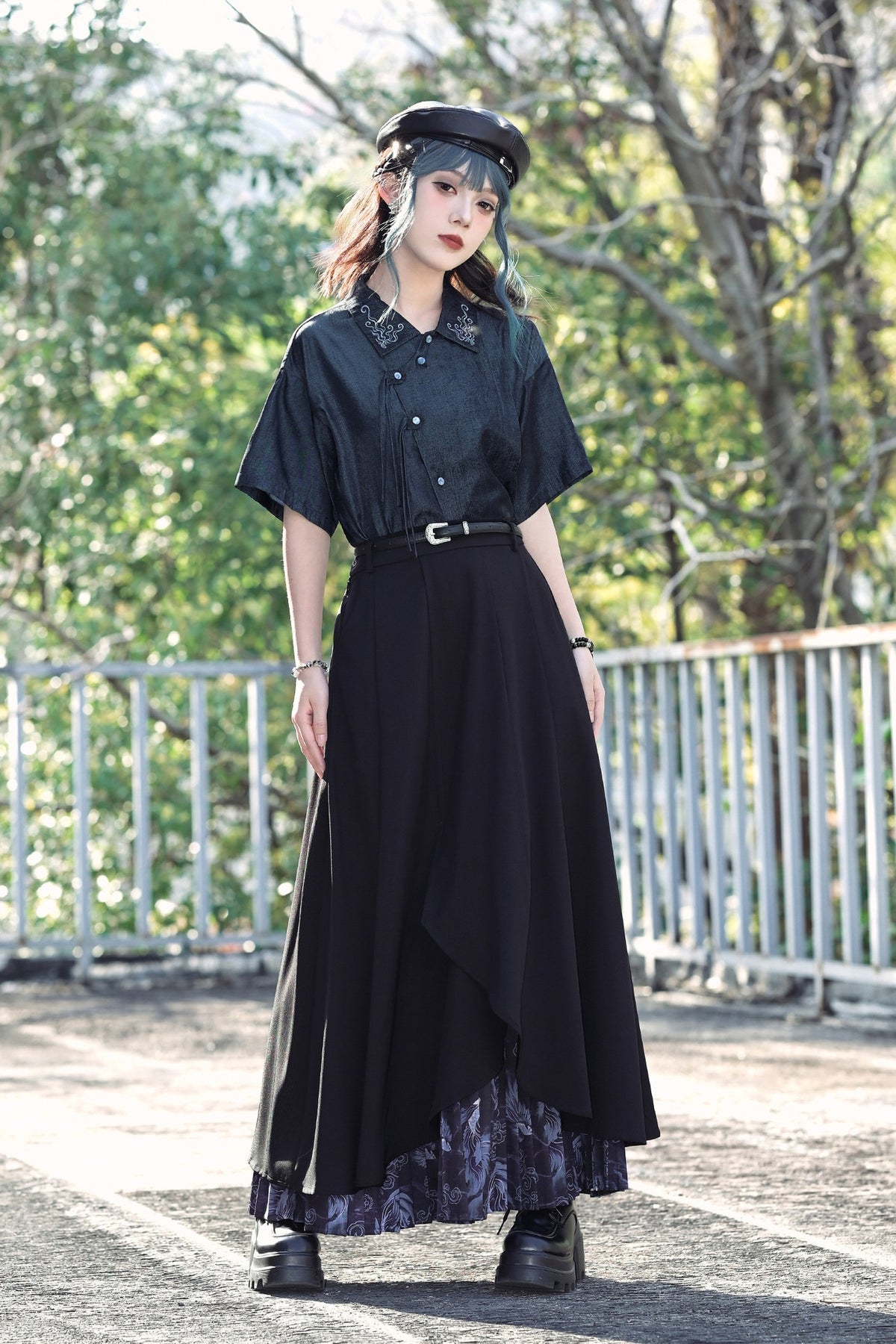 GUGUAI Spliced Pleated Graphic Maxi Skirt — full body · Iridescent Pleated Skirt