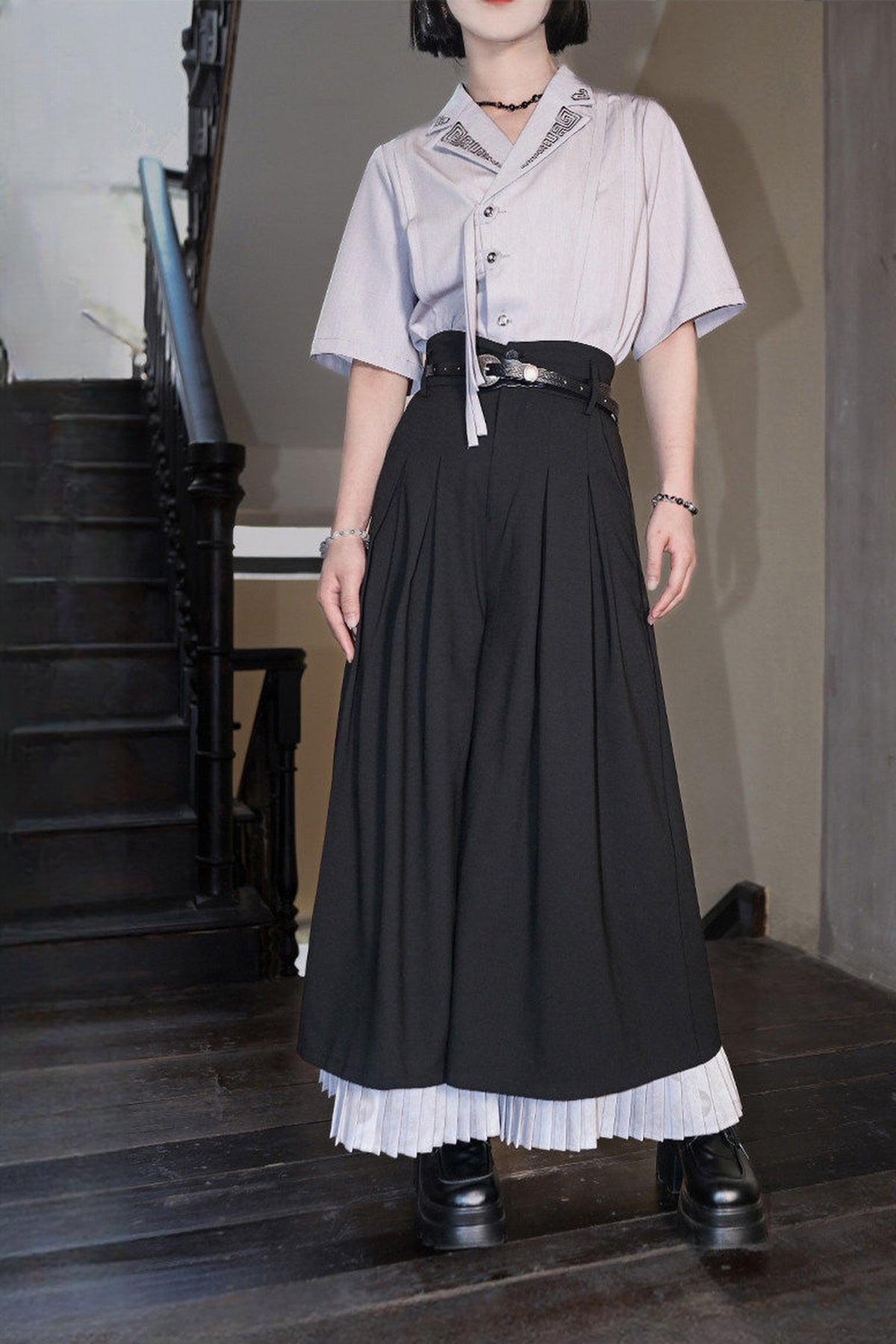 GUGUAI Pleated Wide-Leg Skirt Pants — half body · B84801 Thickened Wide-Leg Trousers