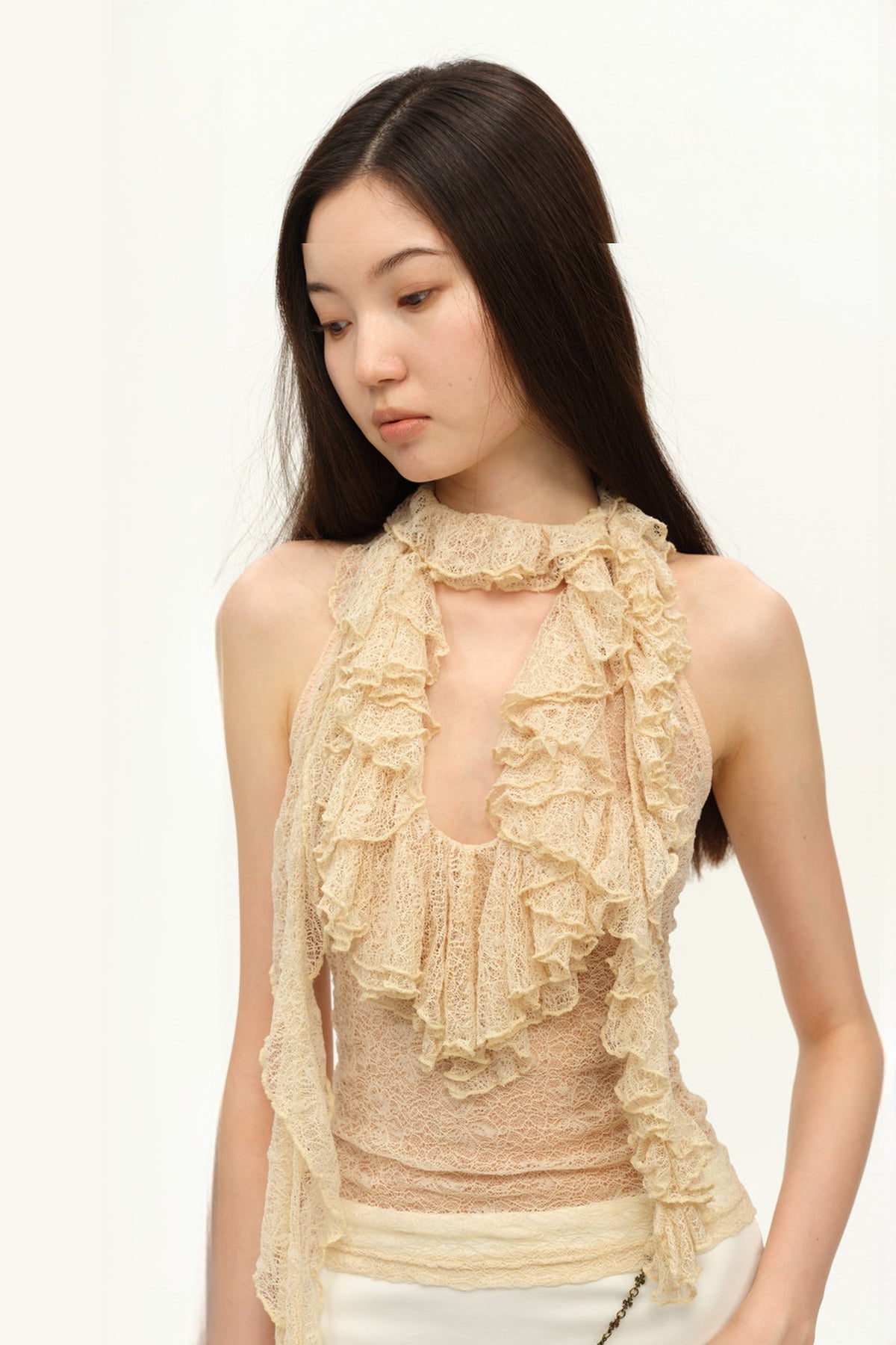 DOTYEARS Two-Tone Lace Spliced Halter Top — half body · Beige
