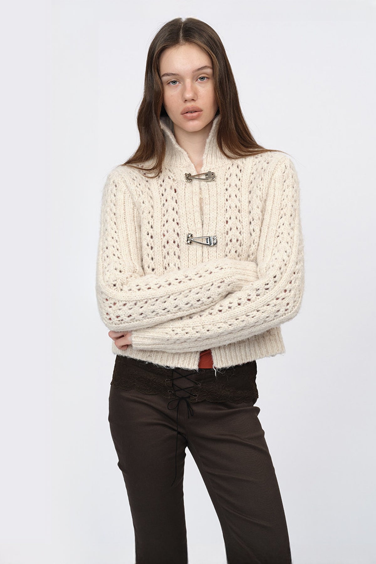 DOTYEARS Two-Tone Open-Knit Mock-Neck Cardigan — half body · Off White