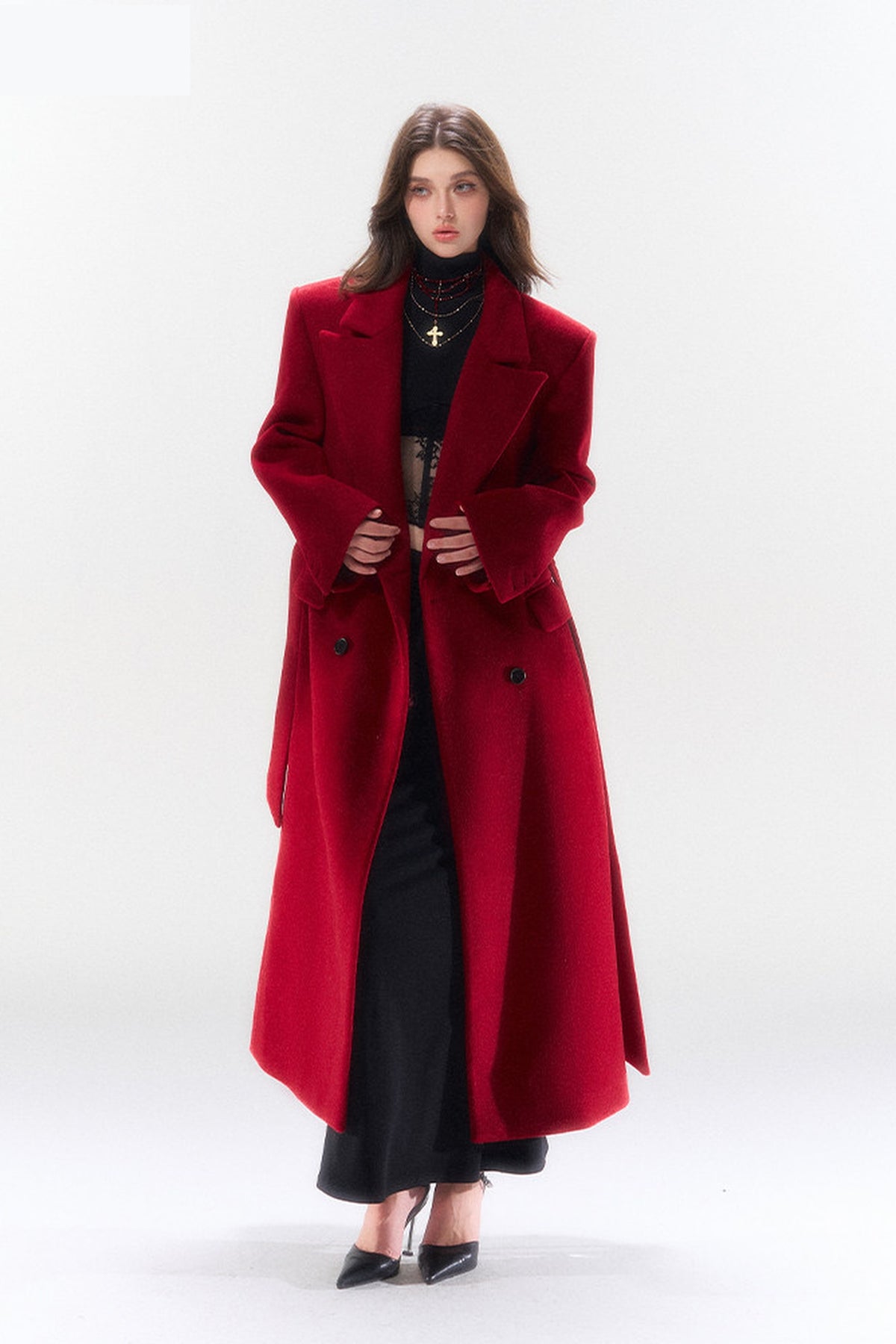 HIIMDAI Wool-Blend Cinched-Waist Lapel Long Coat — full body · Paris Red
