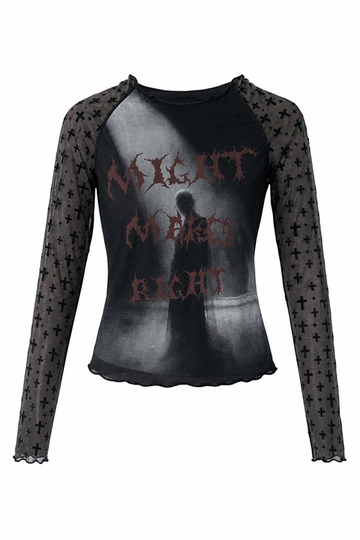 EMOHA Graphic Mesh Slim Long-Sleeve Tee — flat lay