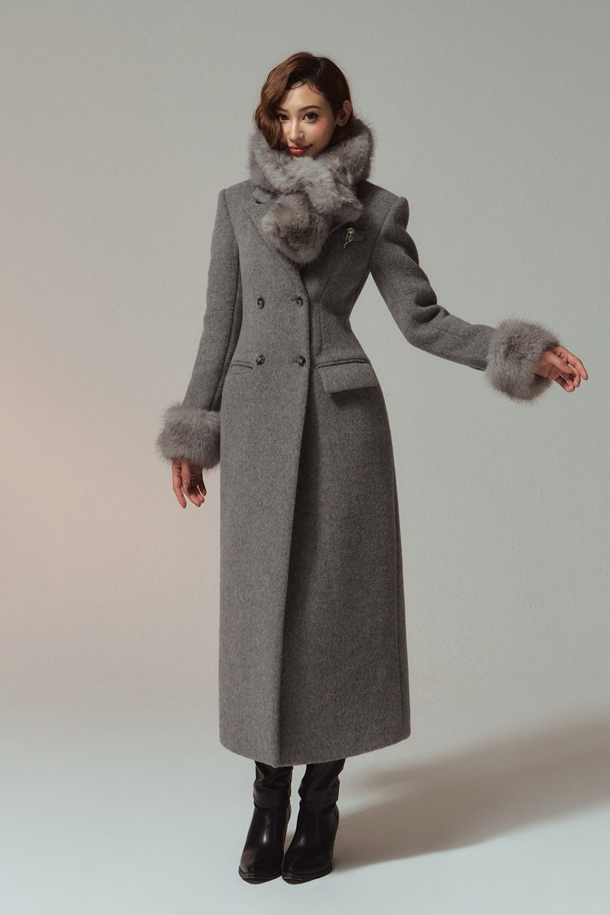 HIIMDAI 100% Wool Double-Faced Long Coat — full body · Lunar Silver Gray