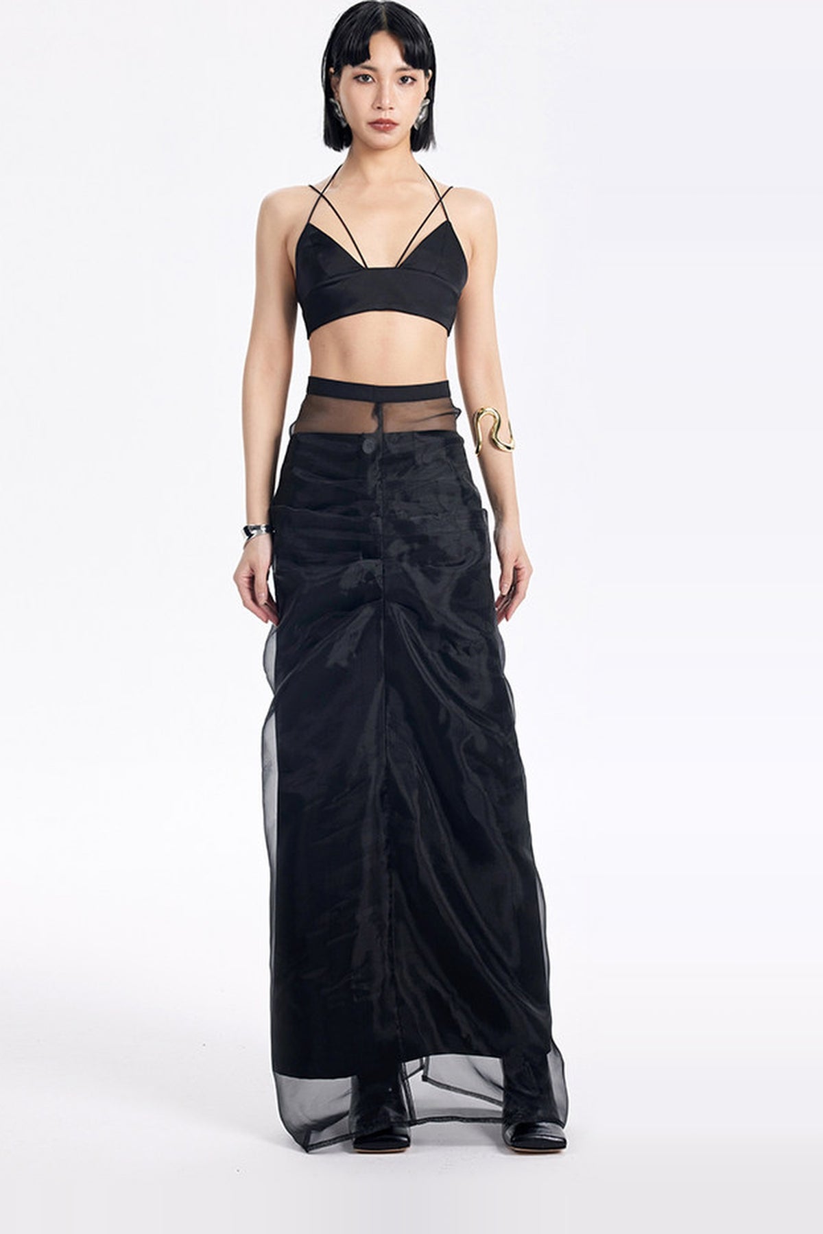 TINY IN STUDIO Pleated Mesh Maxi Skirt Two-Piece Set — full body