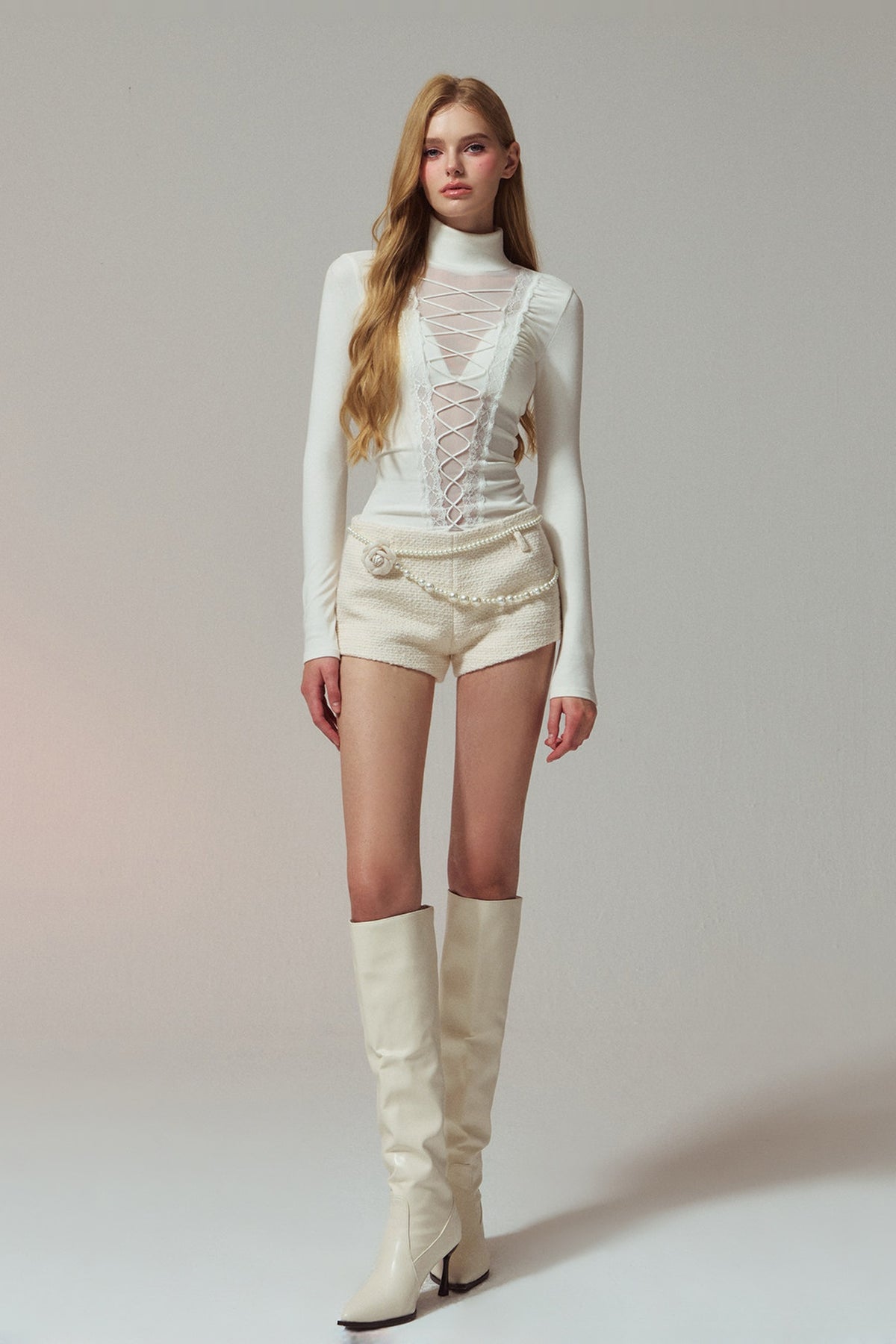 HIIMDAI Lace-Spliced Mesh Tie-Up Long-Sleeve Tee — full body · Jade Frost White