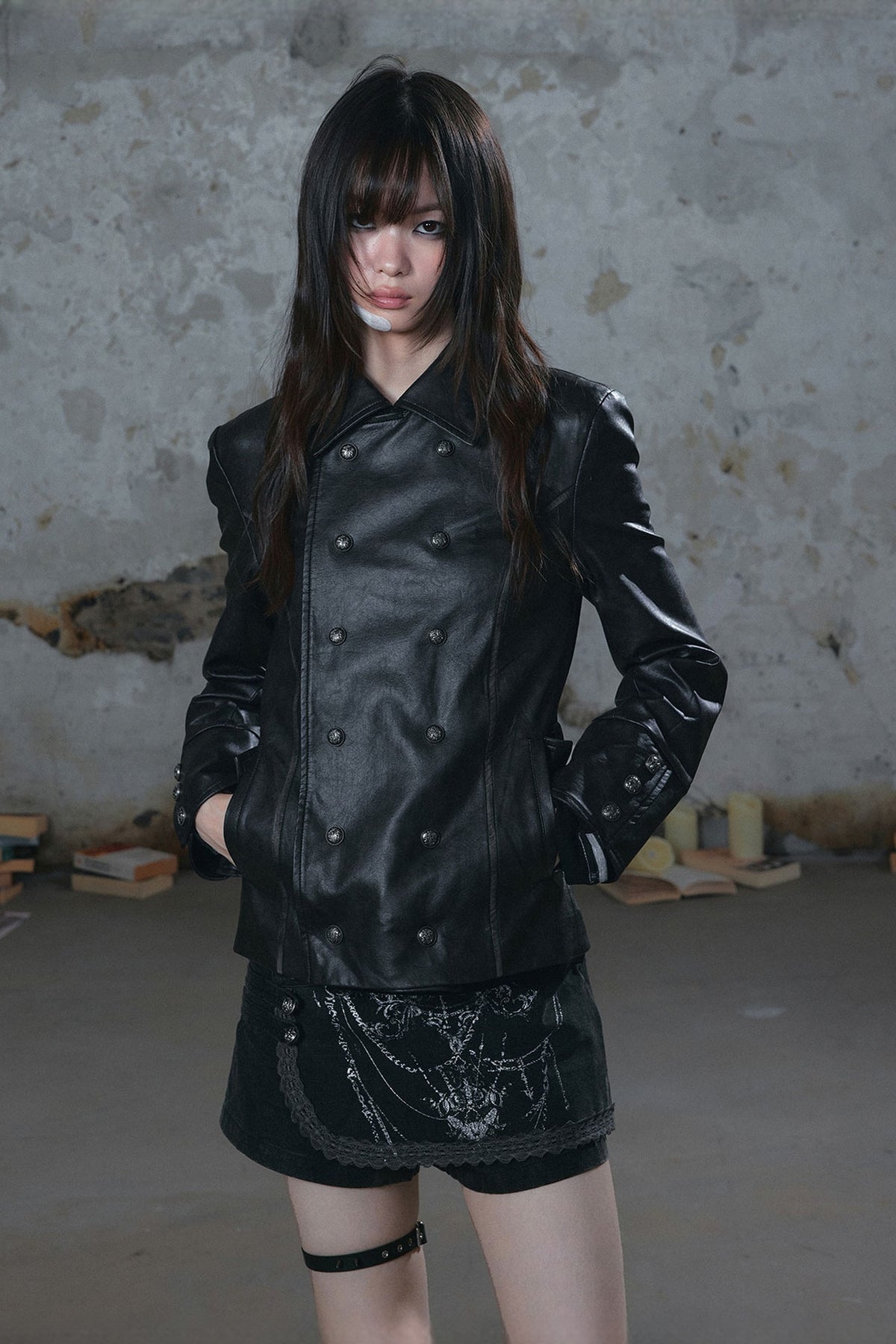 CESTNOUS Retro Washed Detachable Cape Belted Faux Leather Jacket — half body