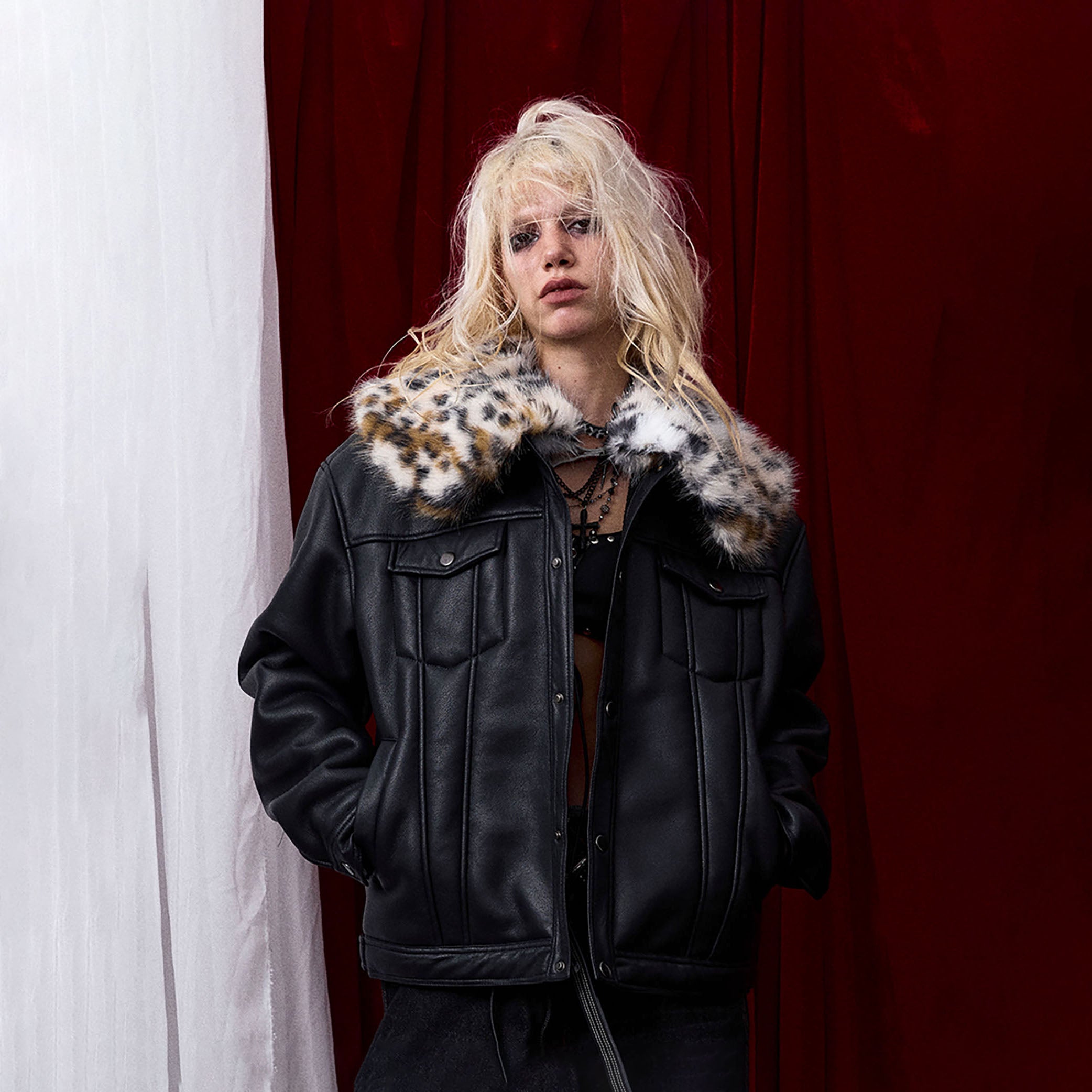DONSMOKE × NANA Detachable Leopard Collar PU Jacket
