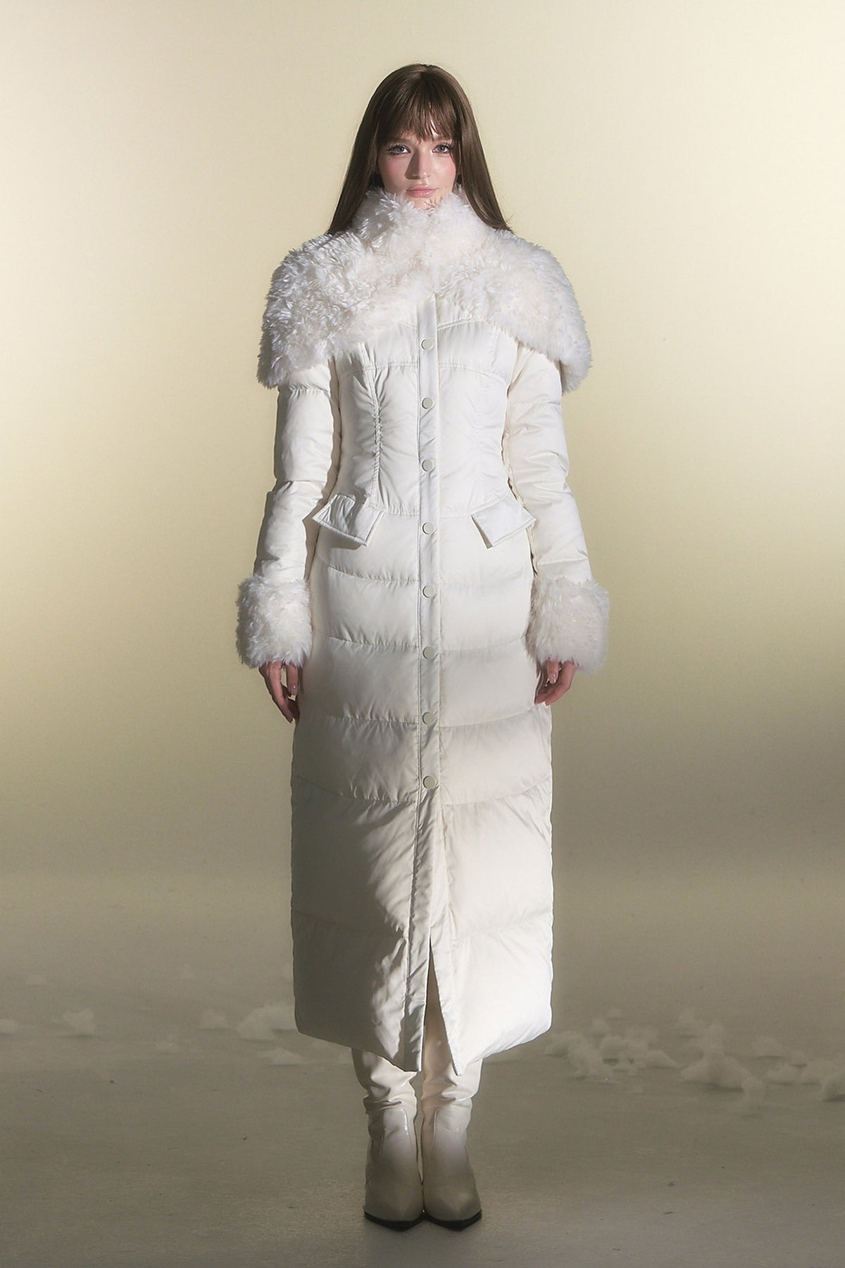 HIIMDAI Faux Fur Cape Vest Jacket — full body · Moonlight White