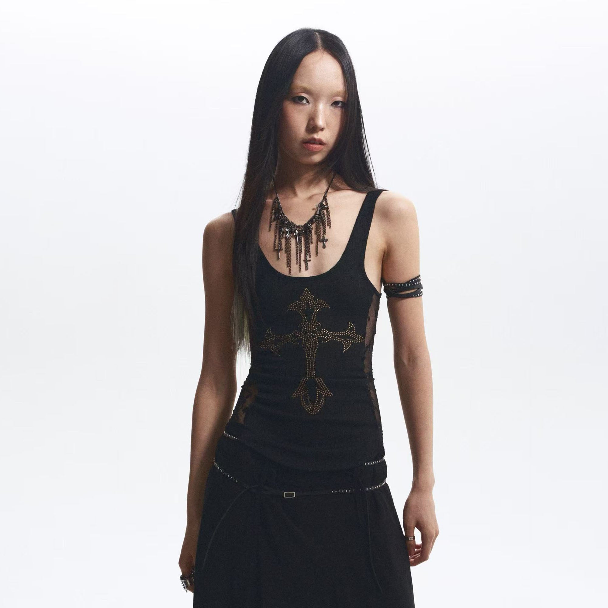NONAME SPACE Diamond Cross Lace Panel Tank Top