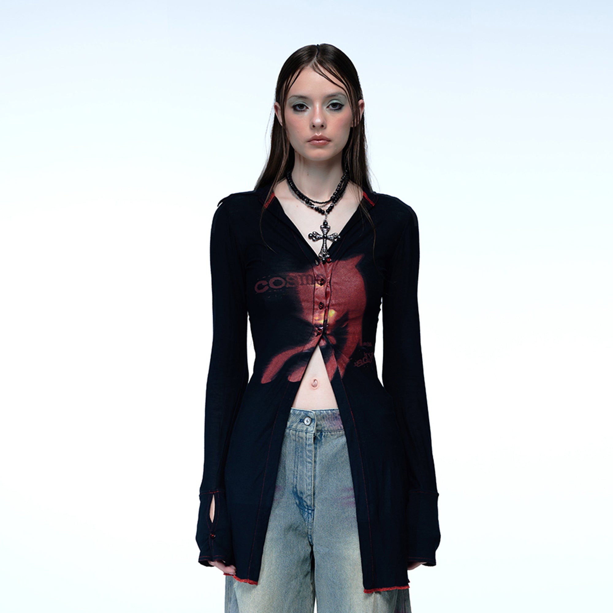 EMOHA Cosmo Lady Sheer Cinched Longline Shirt